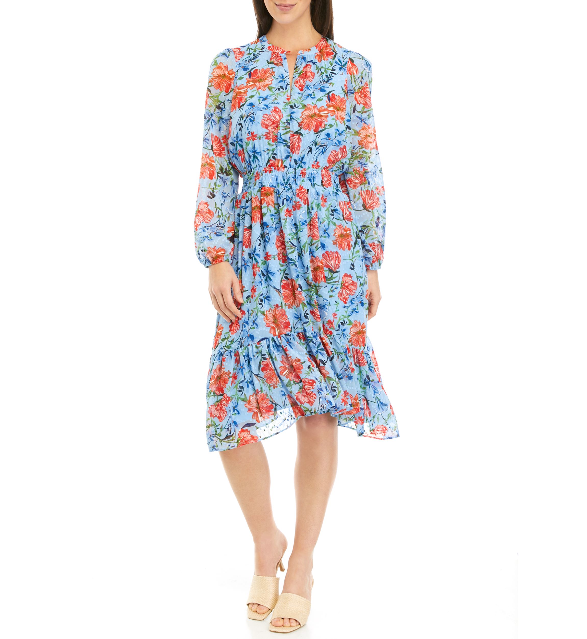 Womens Smocked Waist Floral Printed Dress
