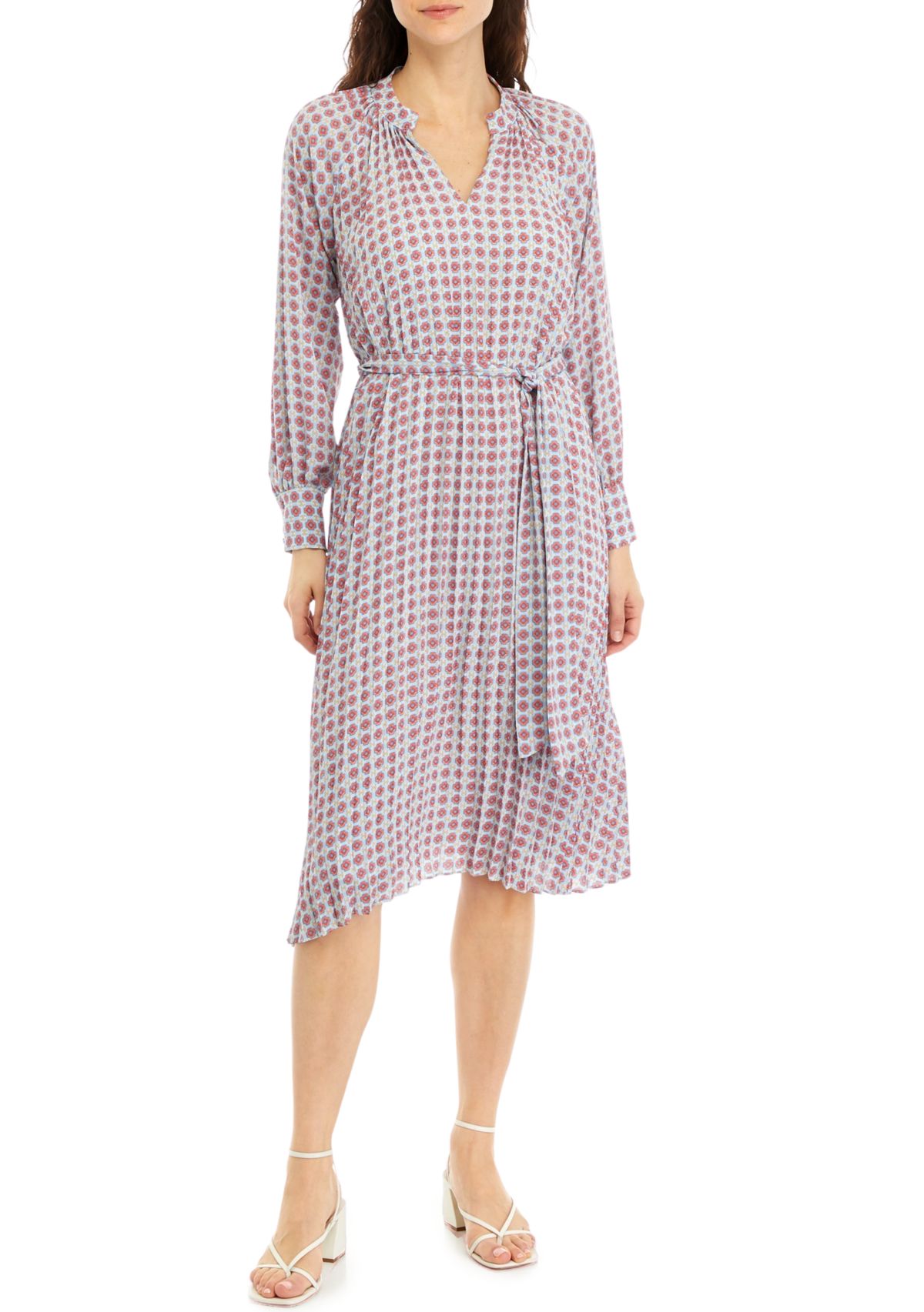 Petite Long Sleeve Pleated Dress with Tie