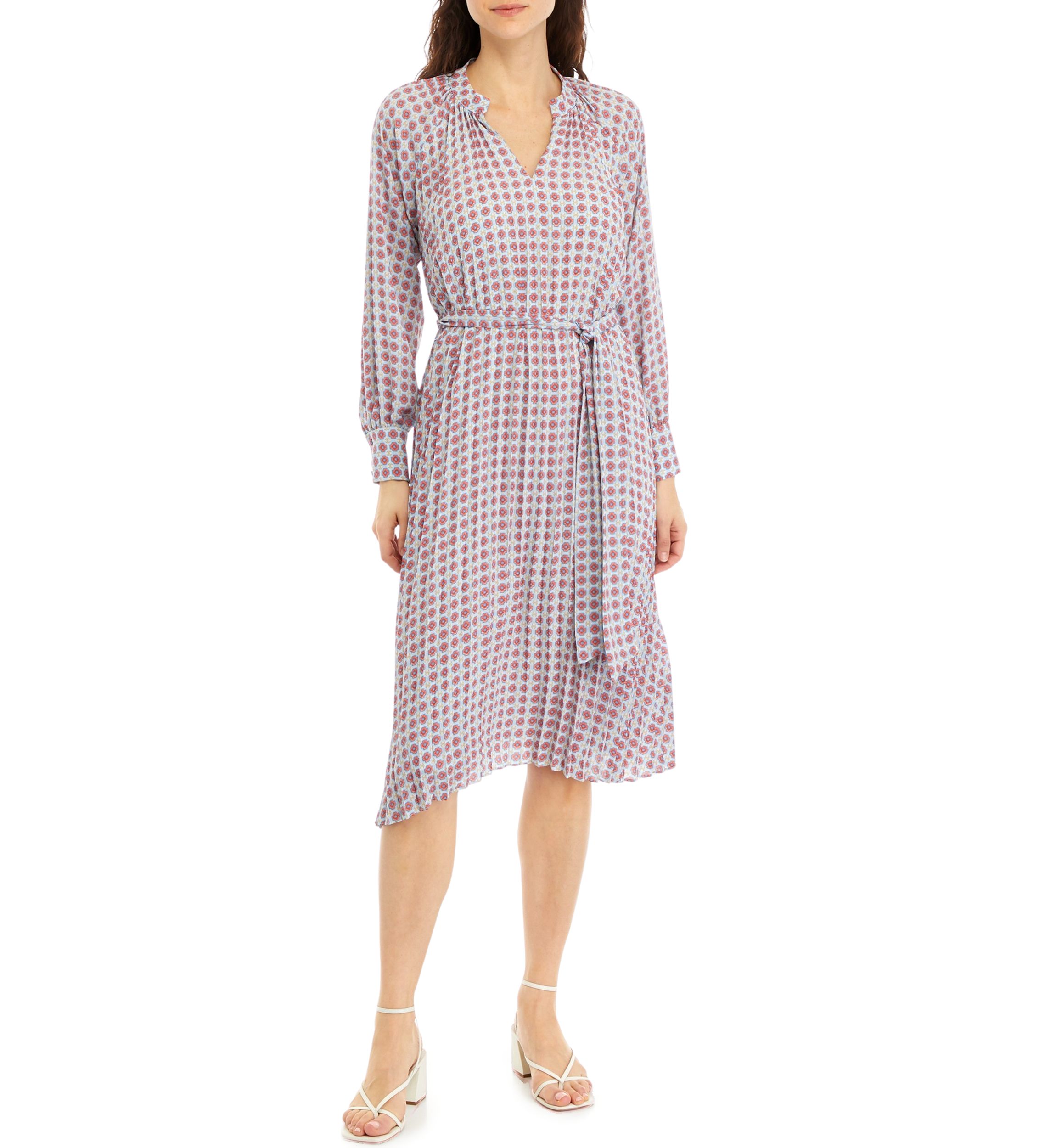 Petite Long Sleeve Pleated Dress with Tie
