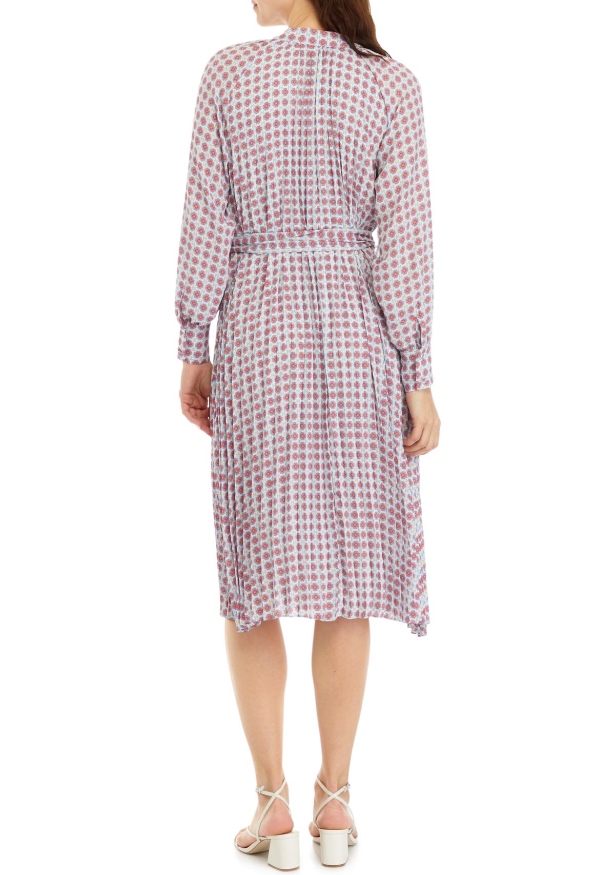 Petite Long Sleeve Pleated Dress with Tie