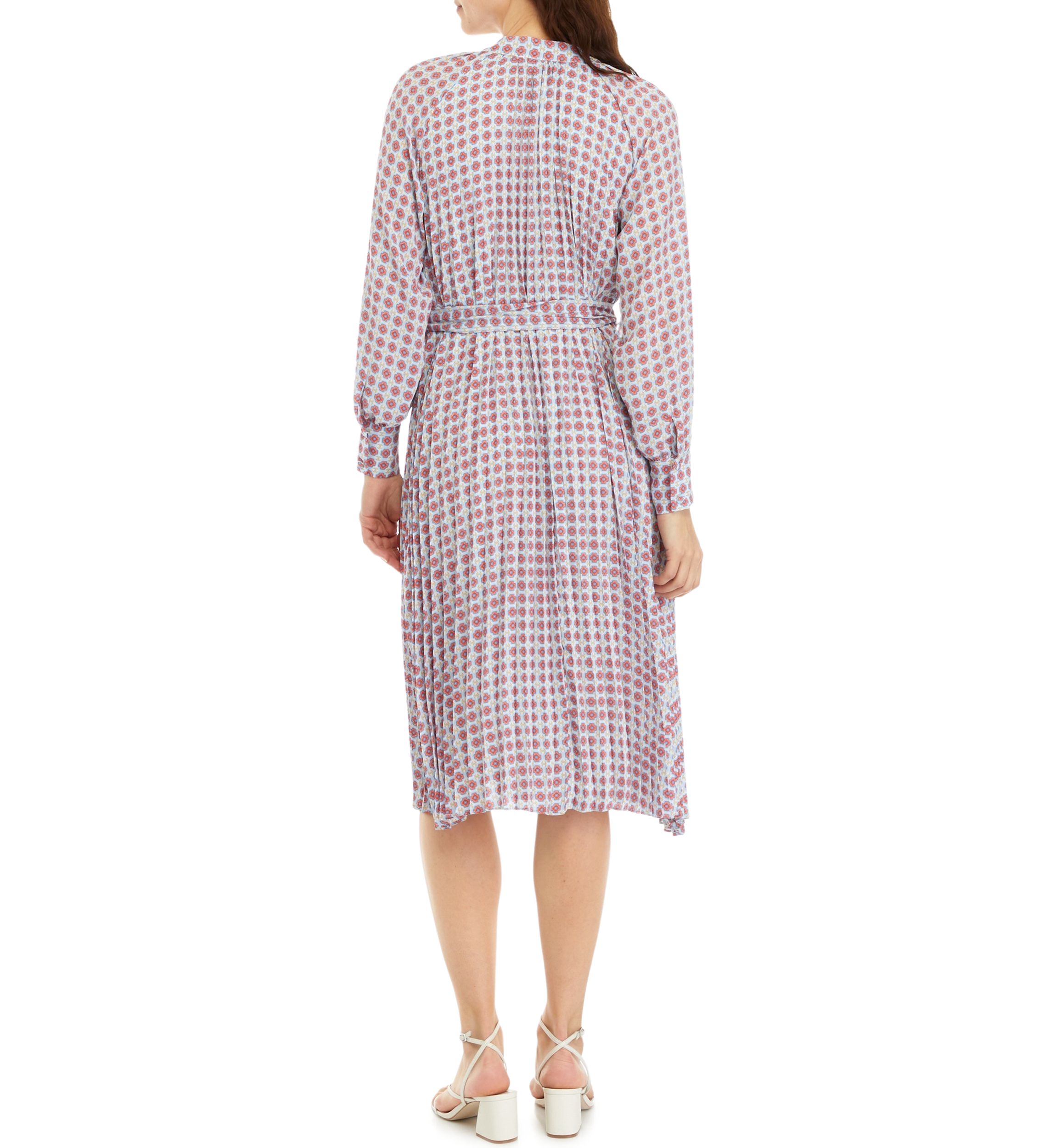 Petite Long Sleeve Pleated Dress with Tie