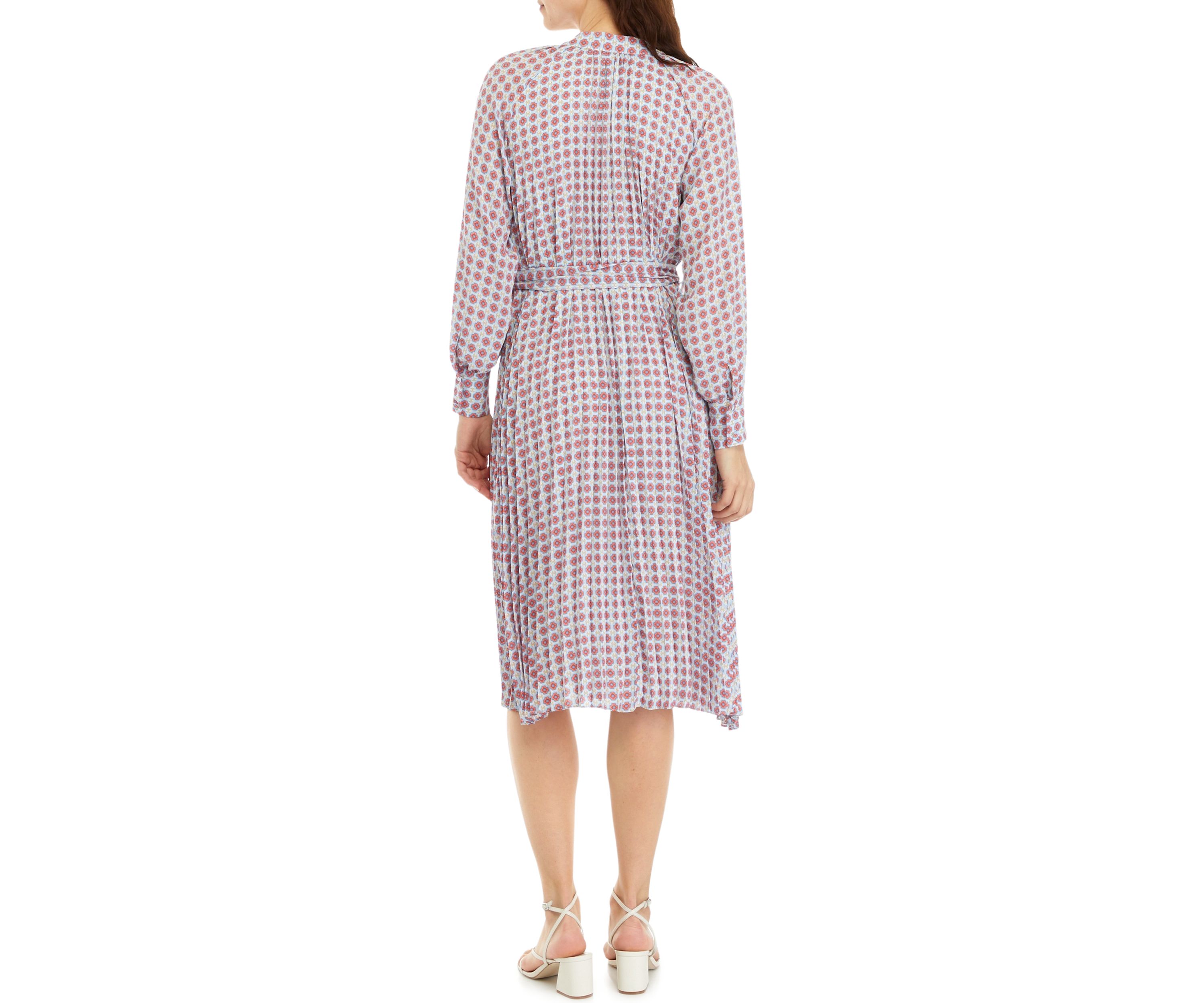 Petite Long Sleeve Pleated Dress with Tie