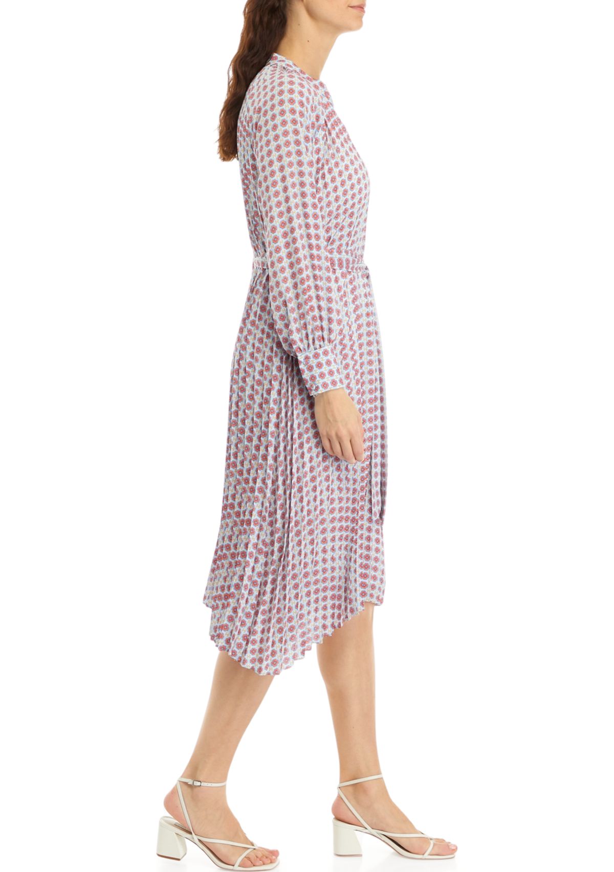 Petite Long Sleeve Pleated Dress with Tie