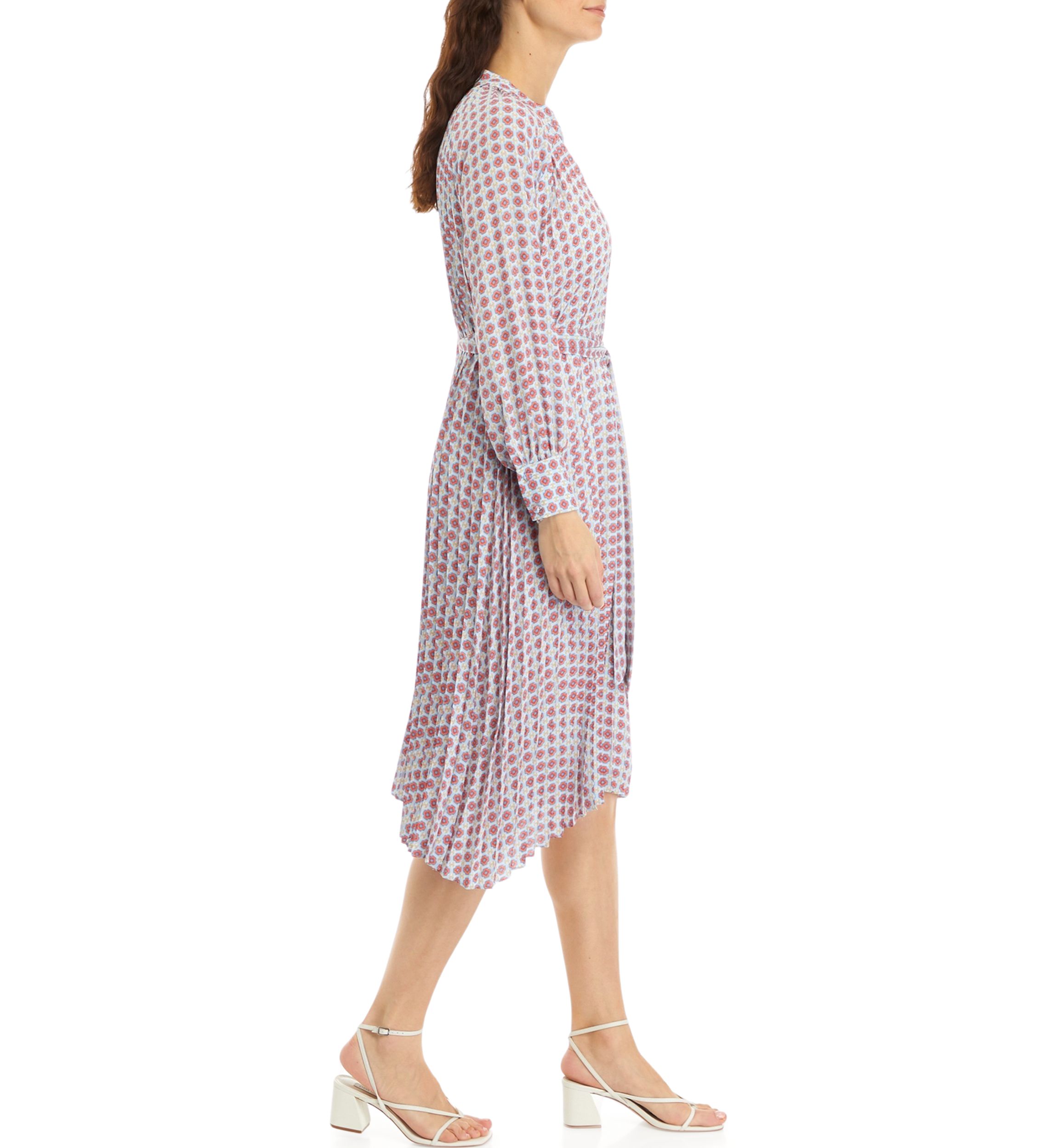 Petite Long Sleeve Pleated Dress with Tie