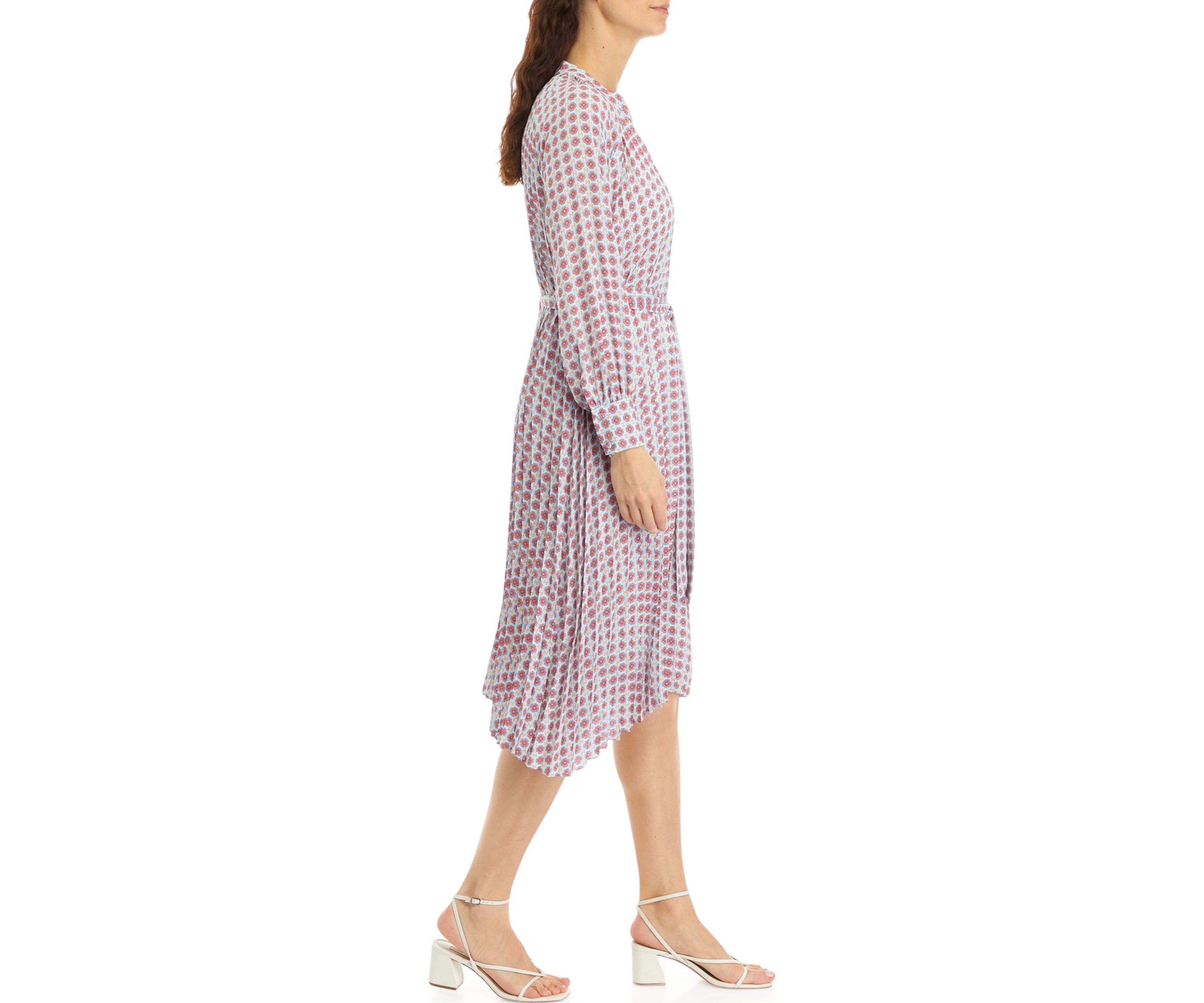 Petite Long Sleeve Pleated Dress with Tie