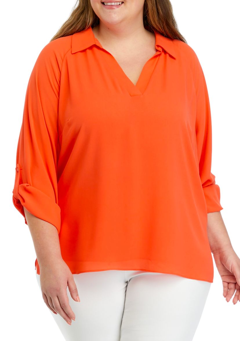 Plus Size 3/4 Sleeve Collared Blouse