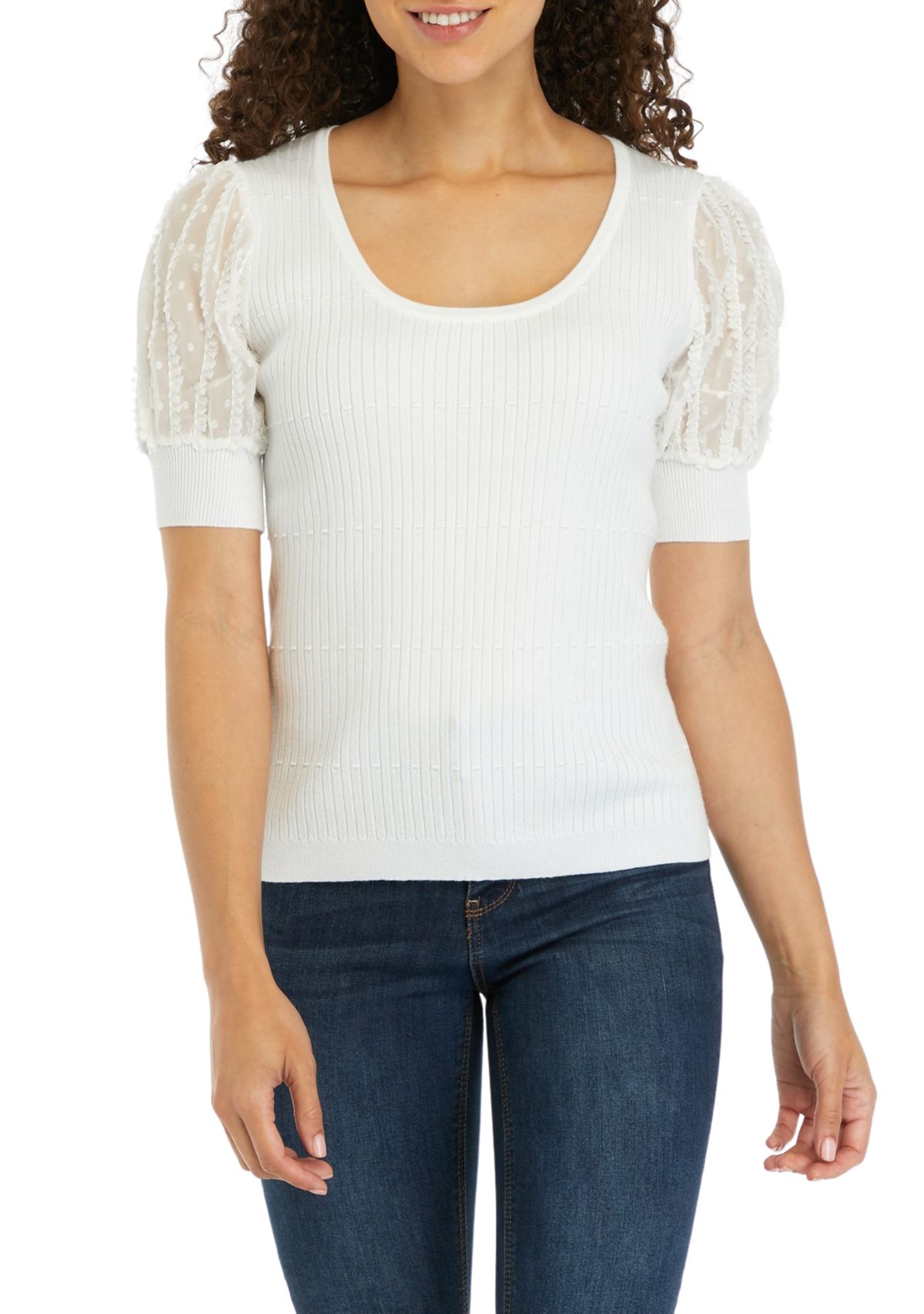 Petite Elbow Sleeve Mixed Media Top