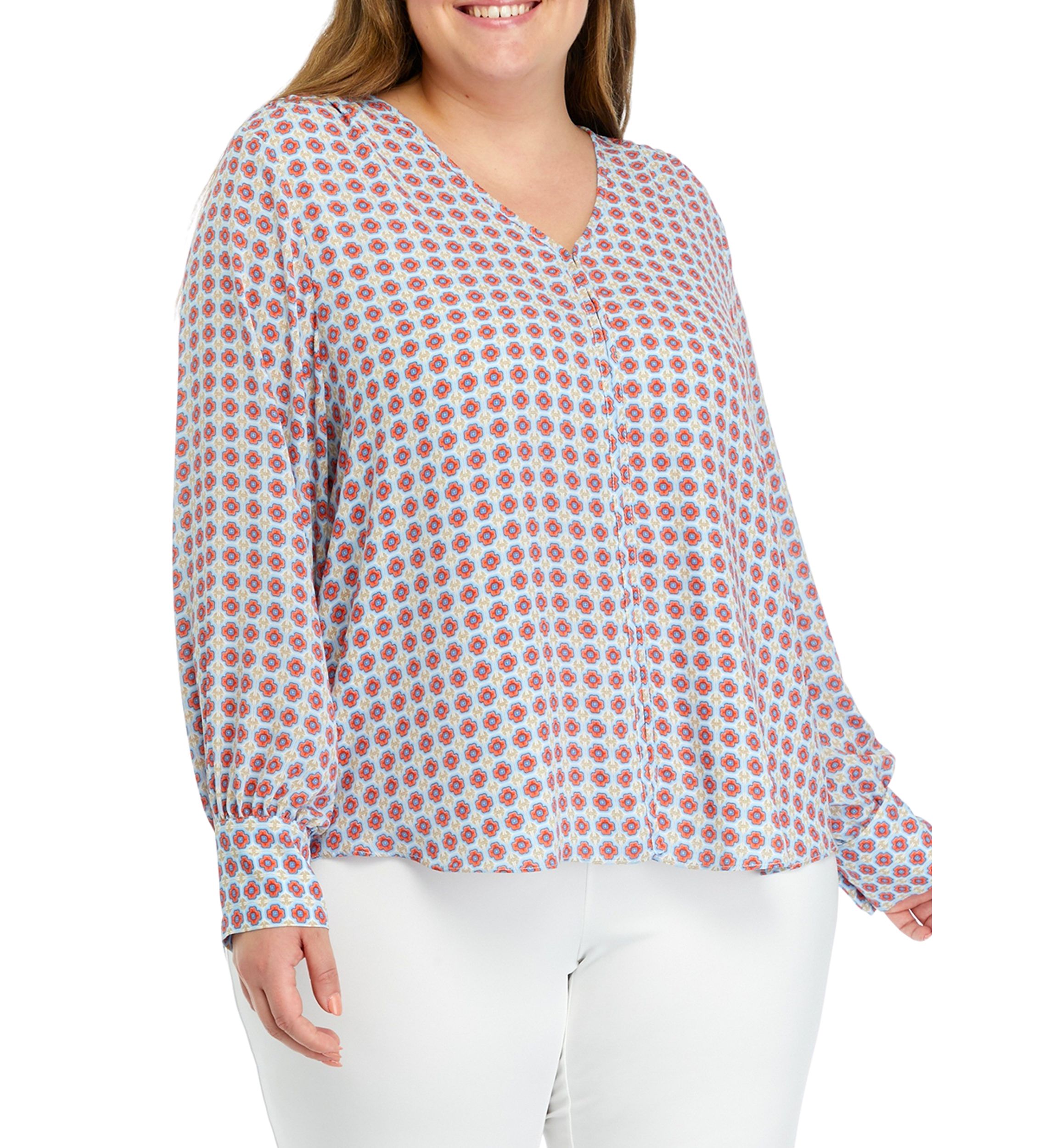 Plus Size Long Sleeve V-Neck Blouse
