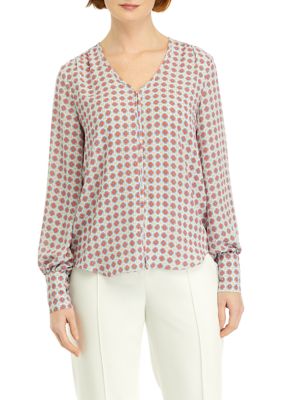T TAHARI Women's V-Neck Geometric Printed Blouse, Blue, XS