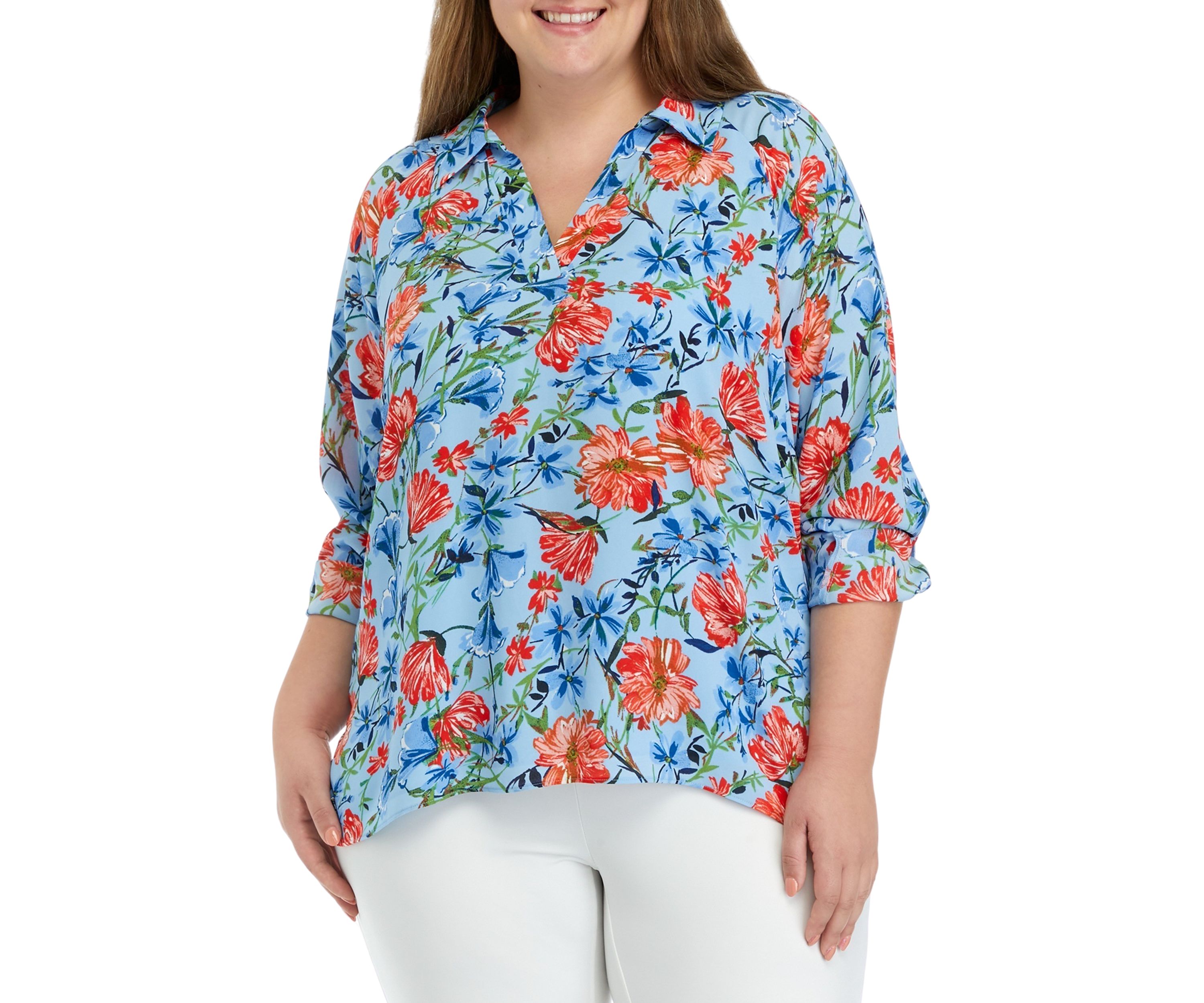 Plus Size 3/4 Sleeve Collared Blouse