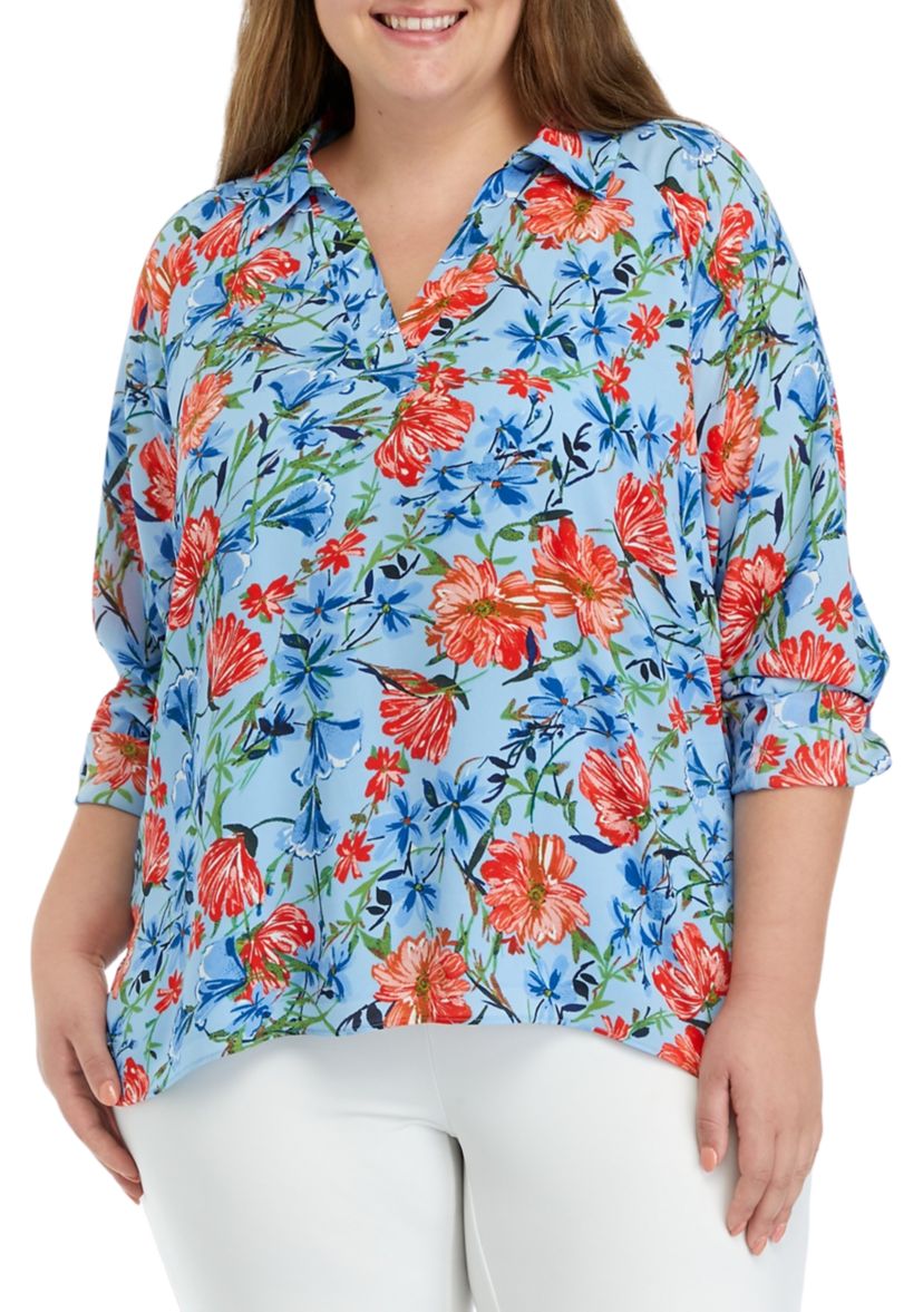 Plus Size 3/4 Sleeve Collared Blouse