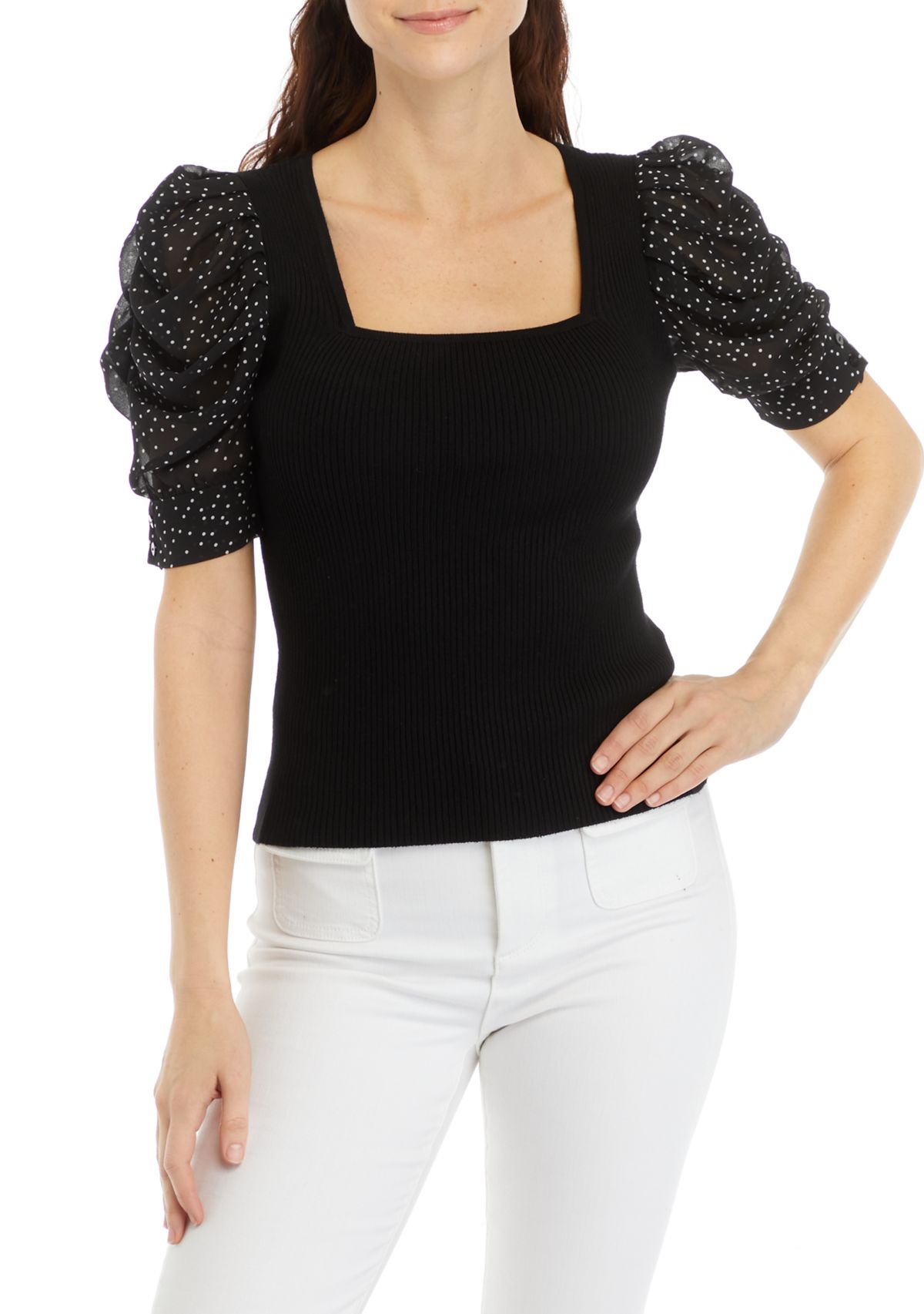 Petite Elbow Sleeve Woven Mix Top