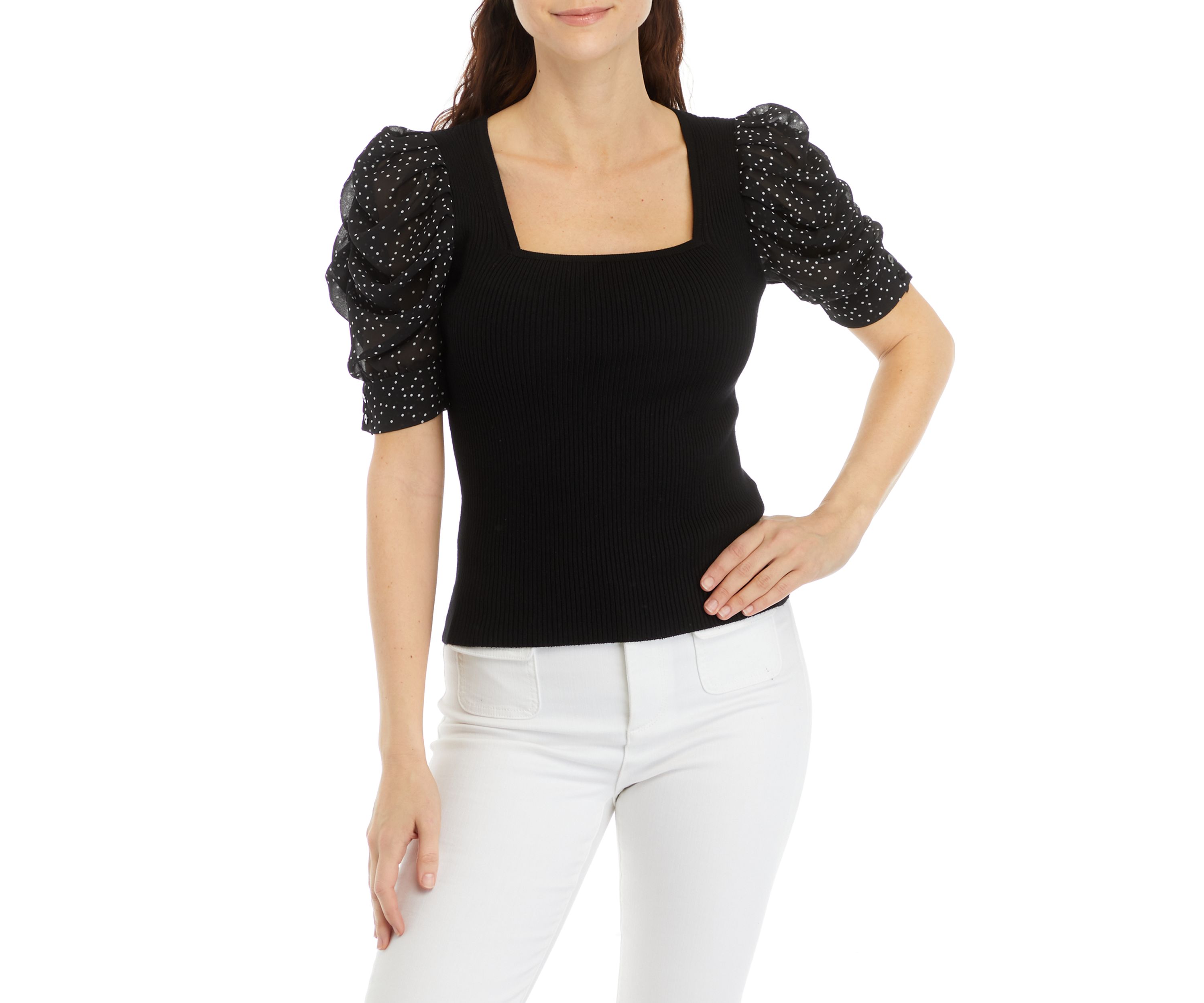 Petite Elbow Sleeve Woven Mix Top