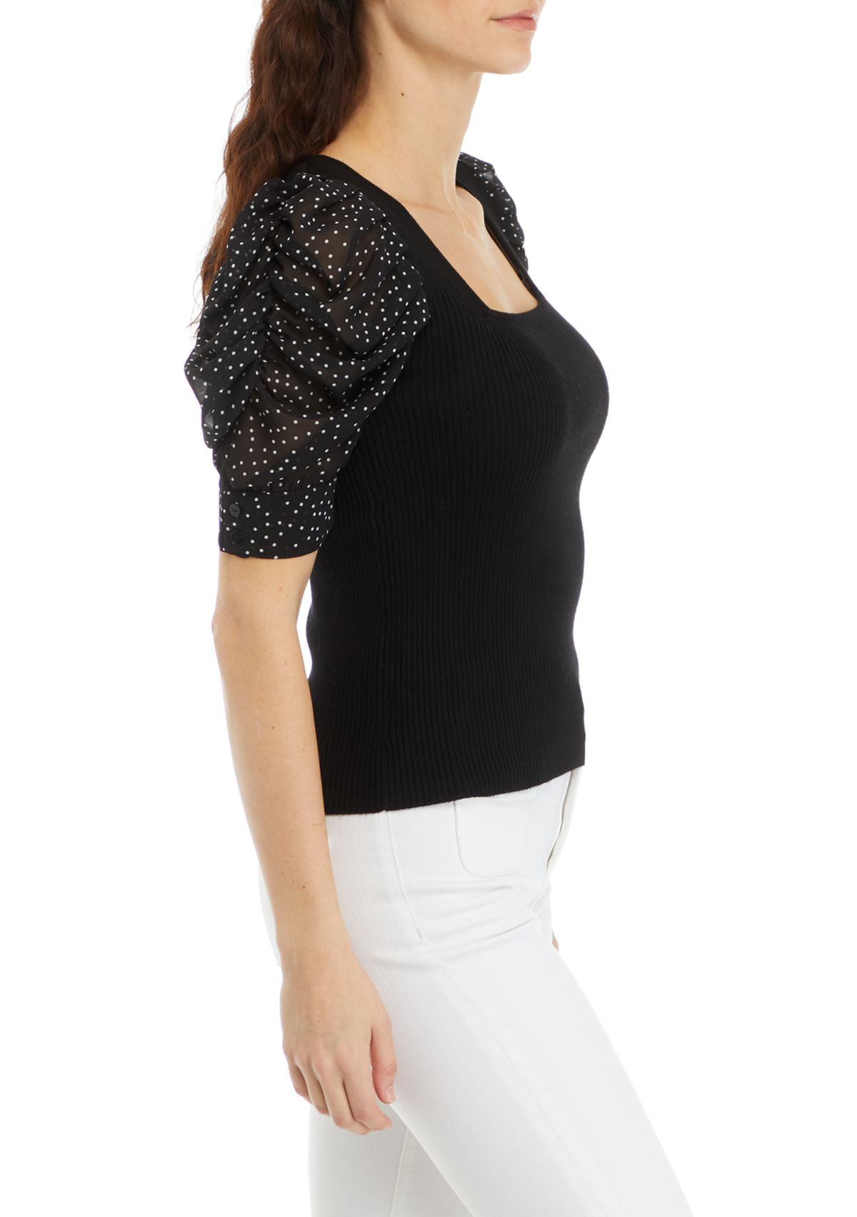 Petite Elbow Sleeve Woven Mix Top