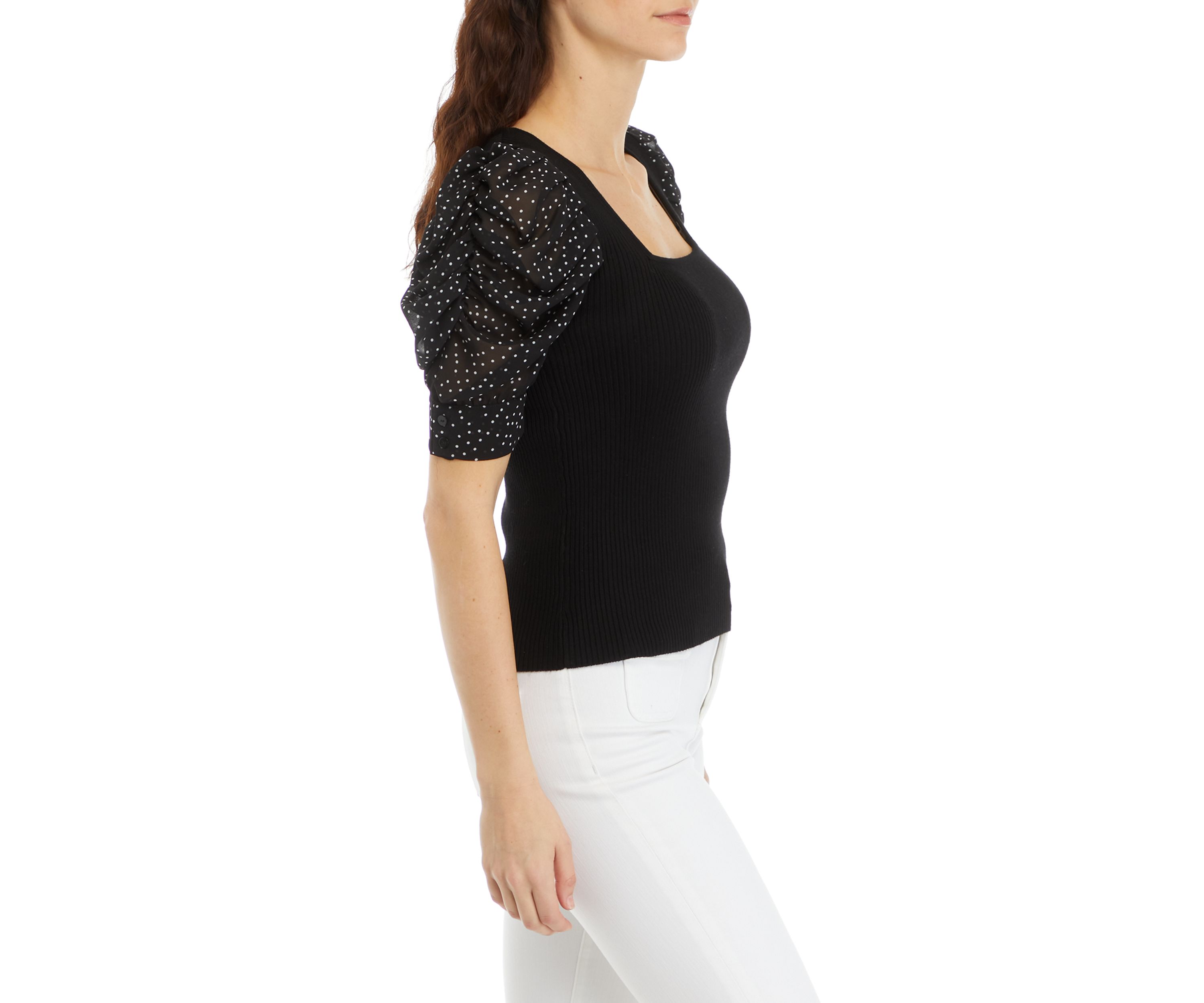 Petite Elbow Sleeve Woven Mix Top