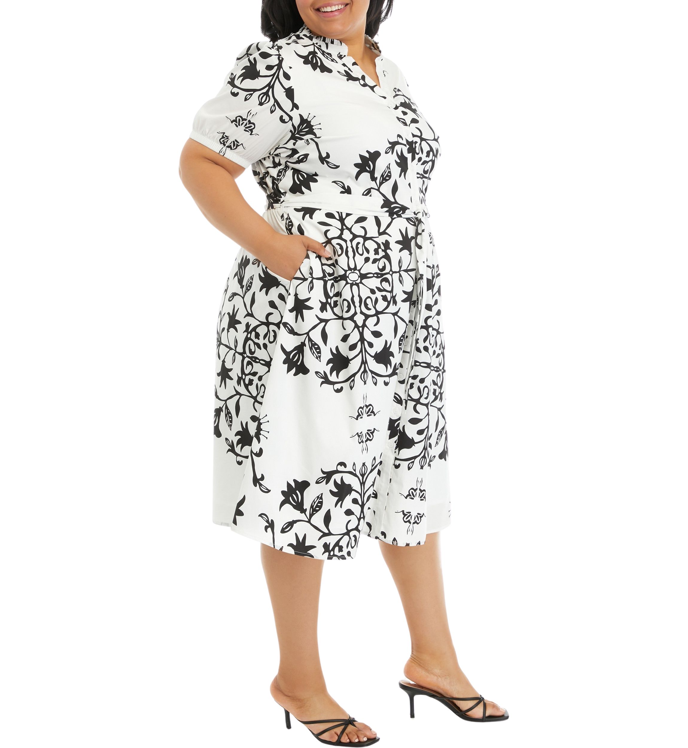 Plus Size Short Sleeve Split Neck Cotton Dress