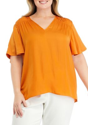 T TAHARI Women's Plus Size Flutter Sleeve Blouse, Orange, 3X
