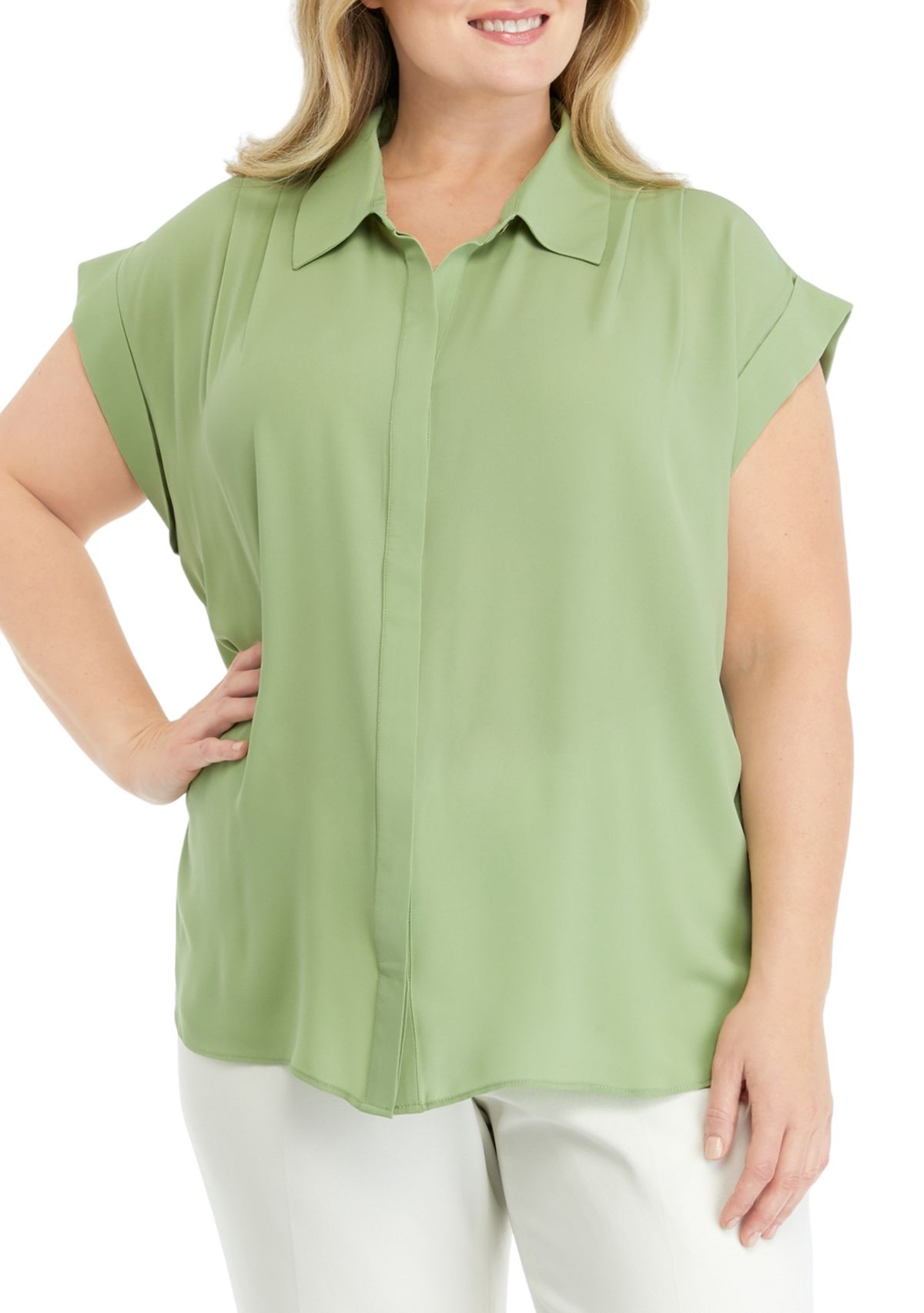 Plus Size Cap Sleeve Collar Blouse