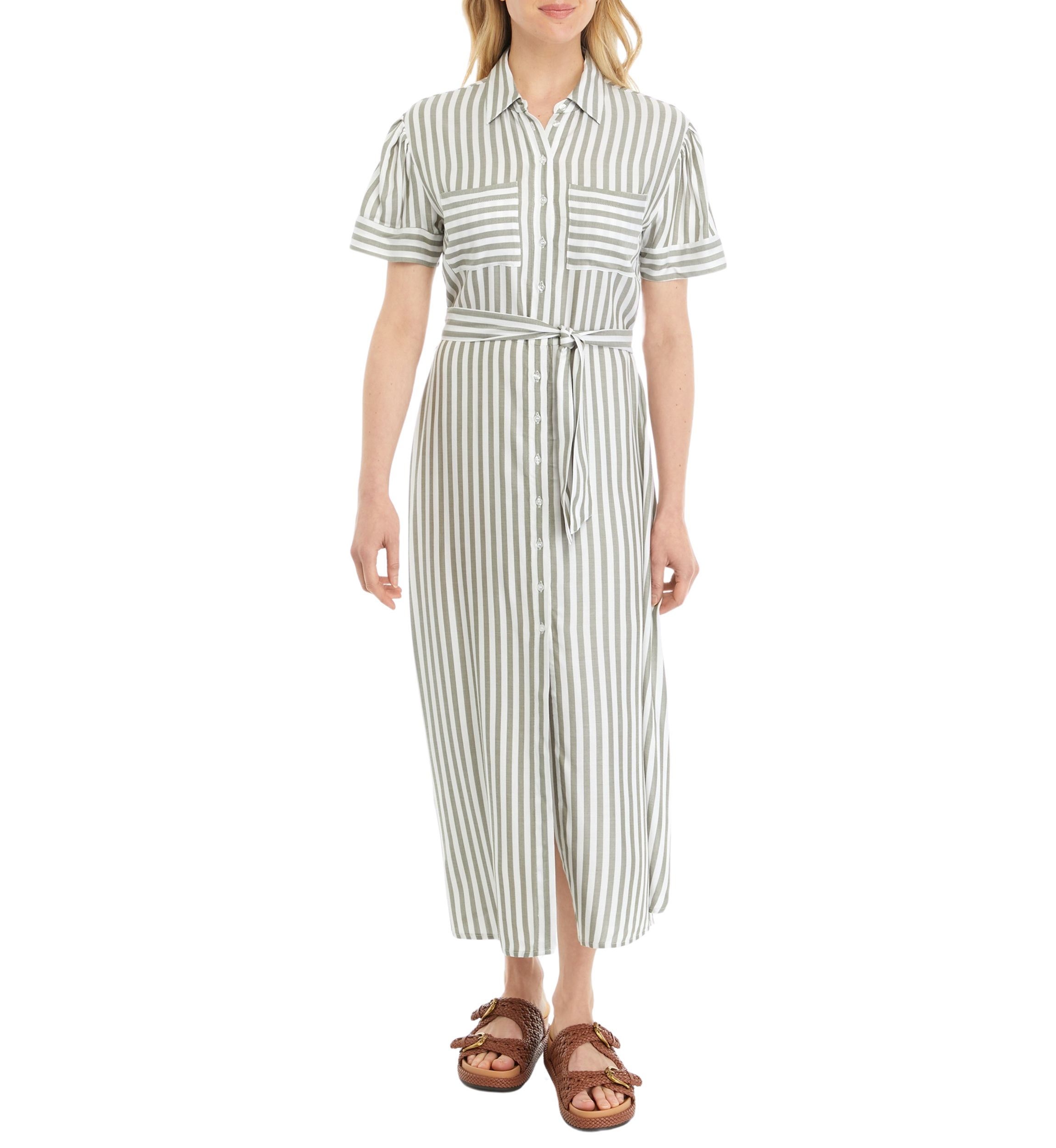 Womens Stripe Tie Waist Shirtdress