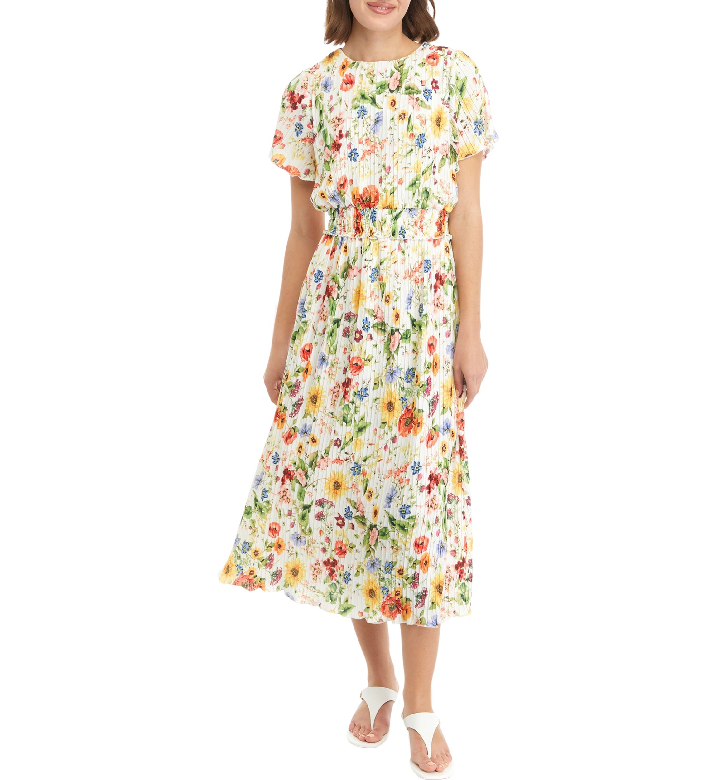 Womens Short Sleeve Pleated Floral Midi Dress
