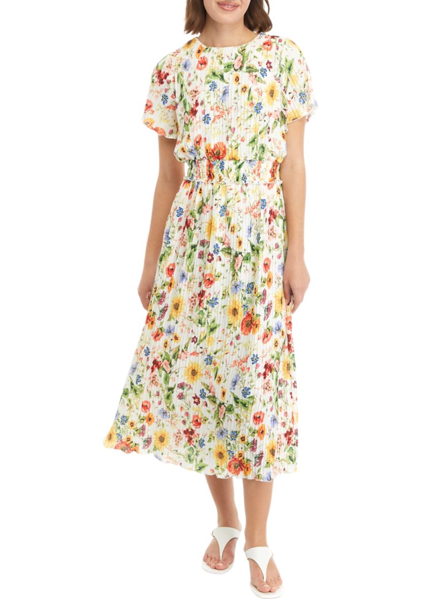 Womens Short Sleeve Pleated Floral Midi Dress