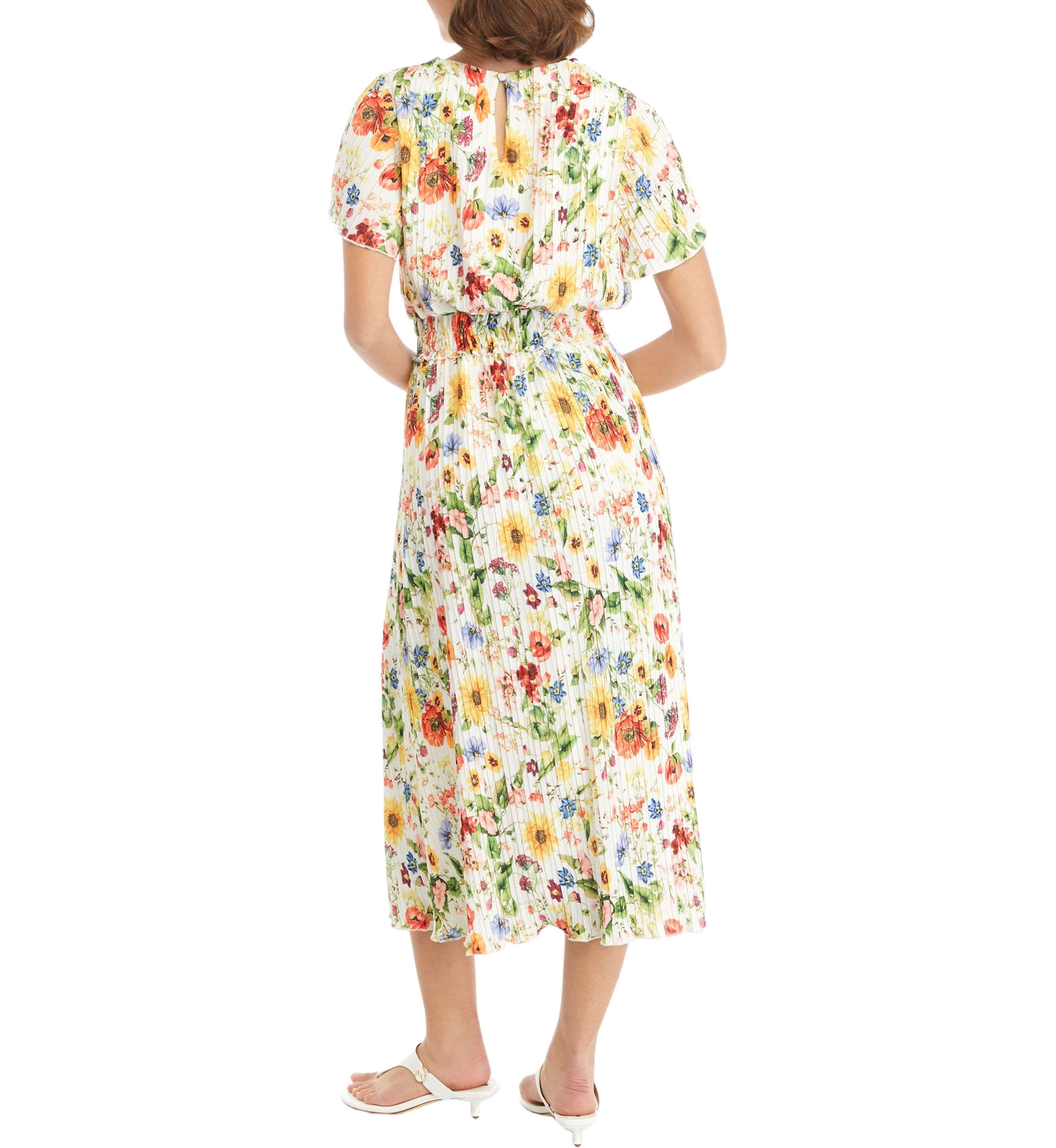 Womens Short Sleeve Pleated Floral Midi Dress