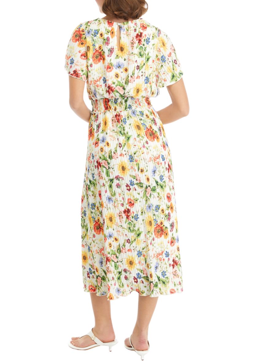 Womens Short Sleeve Pleated Floral Midi Dress
