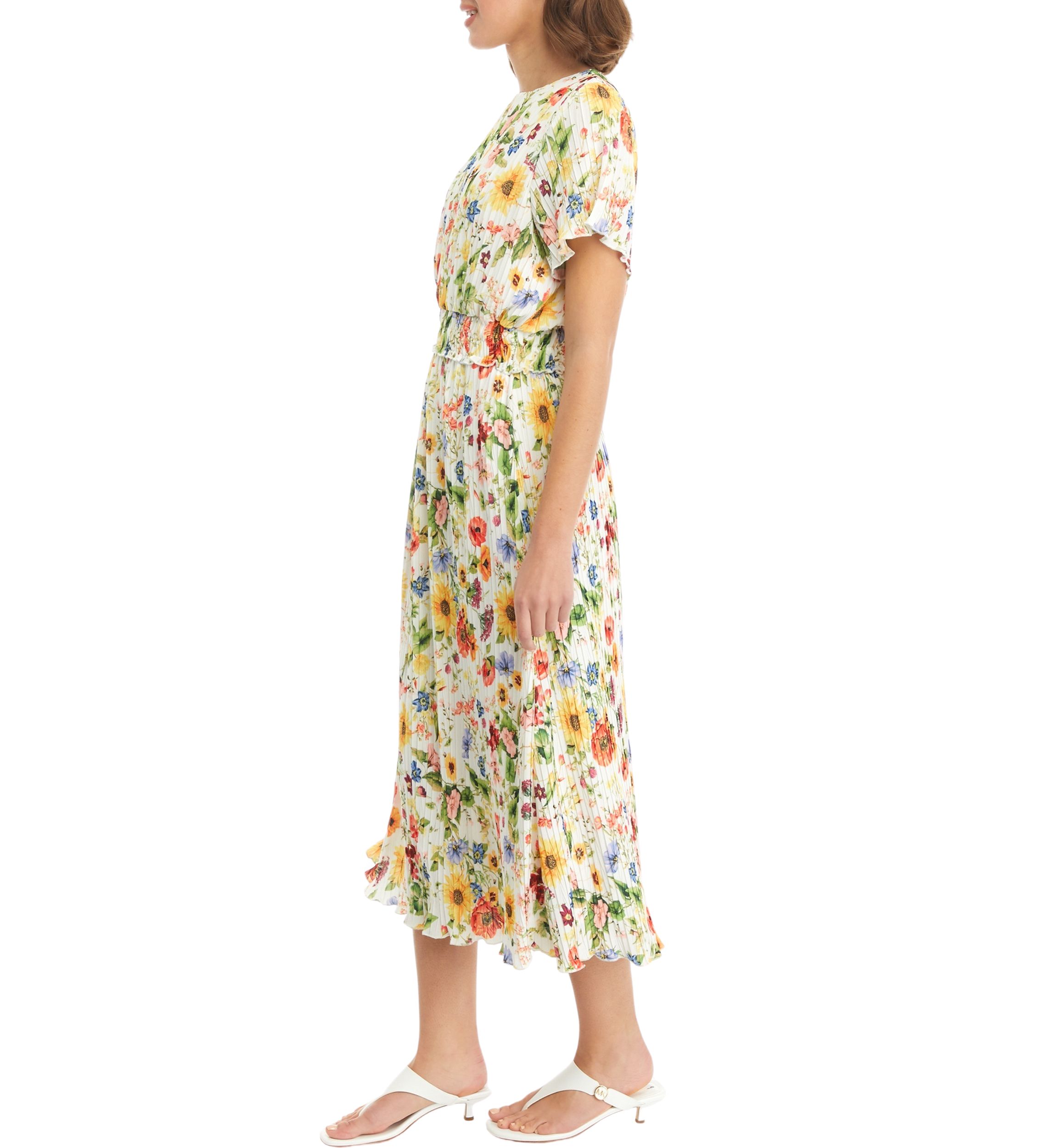 Womens Short Sleeve Pleated Floral Midi Dress