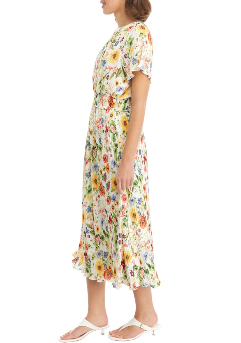 Womens Short Sleeve Pleated Floral Midi Dress