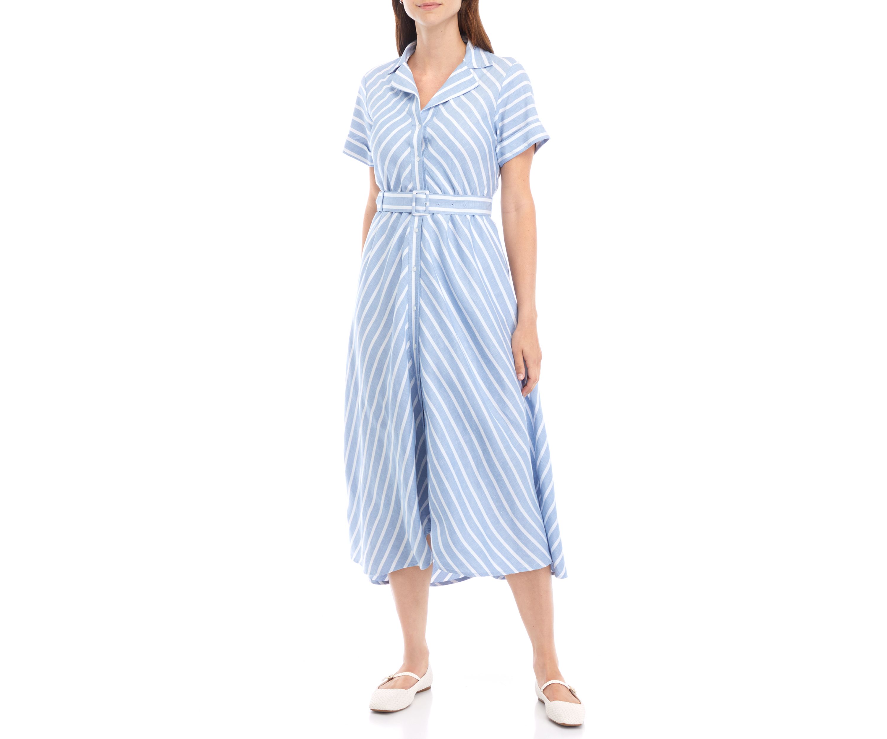 Womens Short Sleeve Belted Stripe Midi Shirtdress