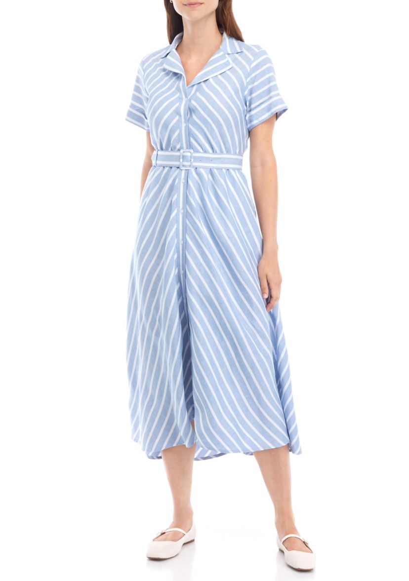 Womens Short Sleeve Belted Stripe Midi Shirtdress