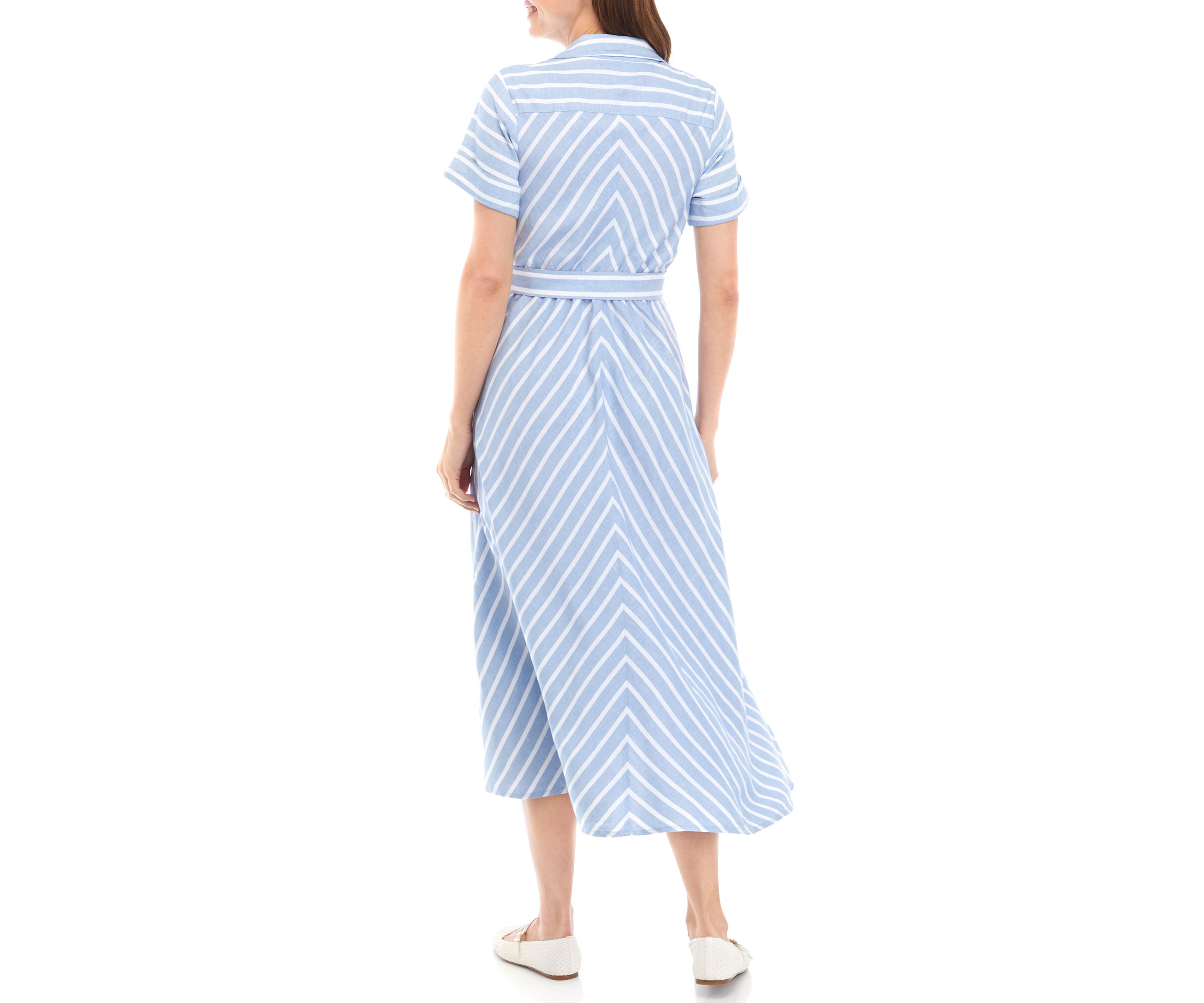 Womens Short Sleeve Belted Stripe Midi Shirtdress
