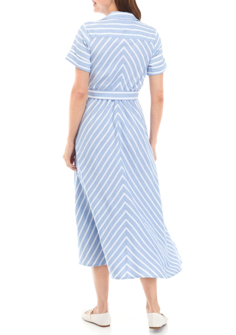 Womens Short Sleeve Belted Stripe Midi Shirtdress