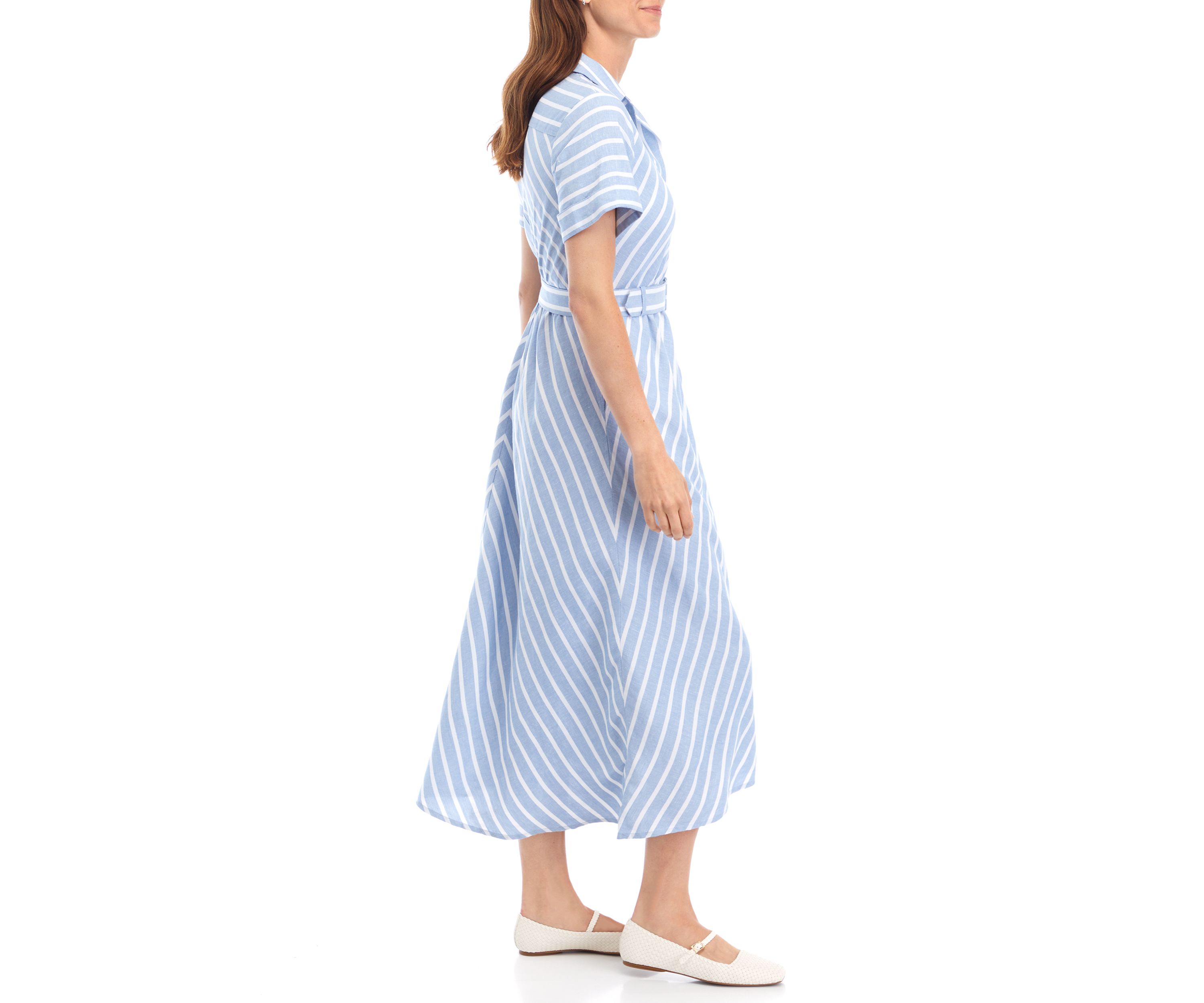 Womens Short Sleeve Belted Stripe Midi Shirtdress