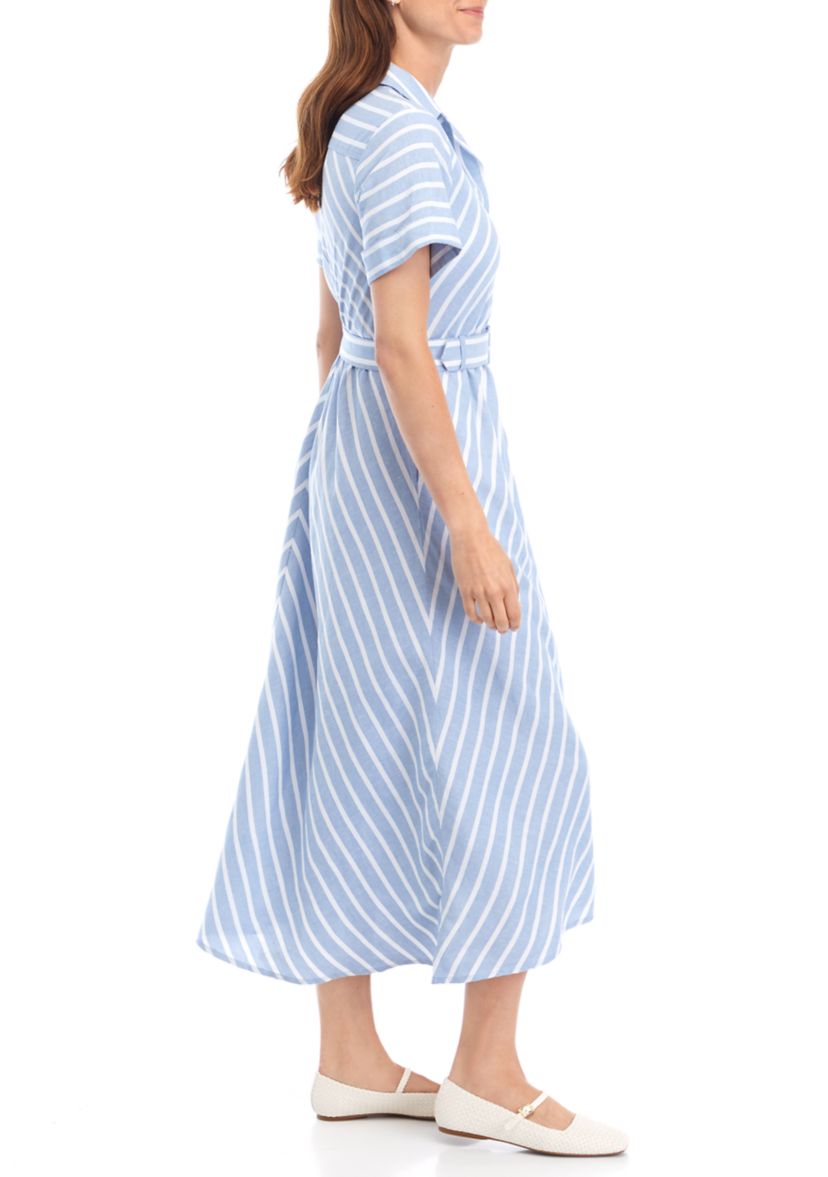 Womens Short Sleeve Belted Stripe Midi Shirtdress