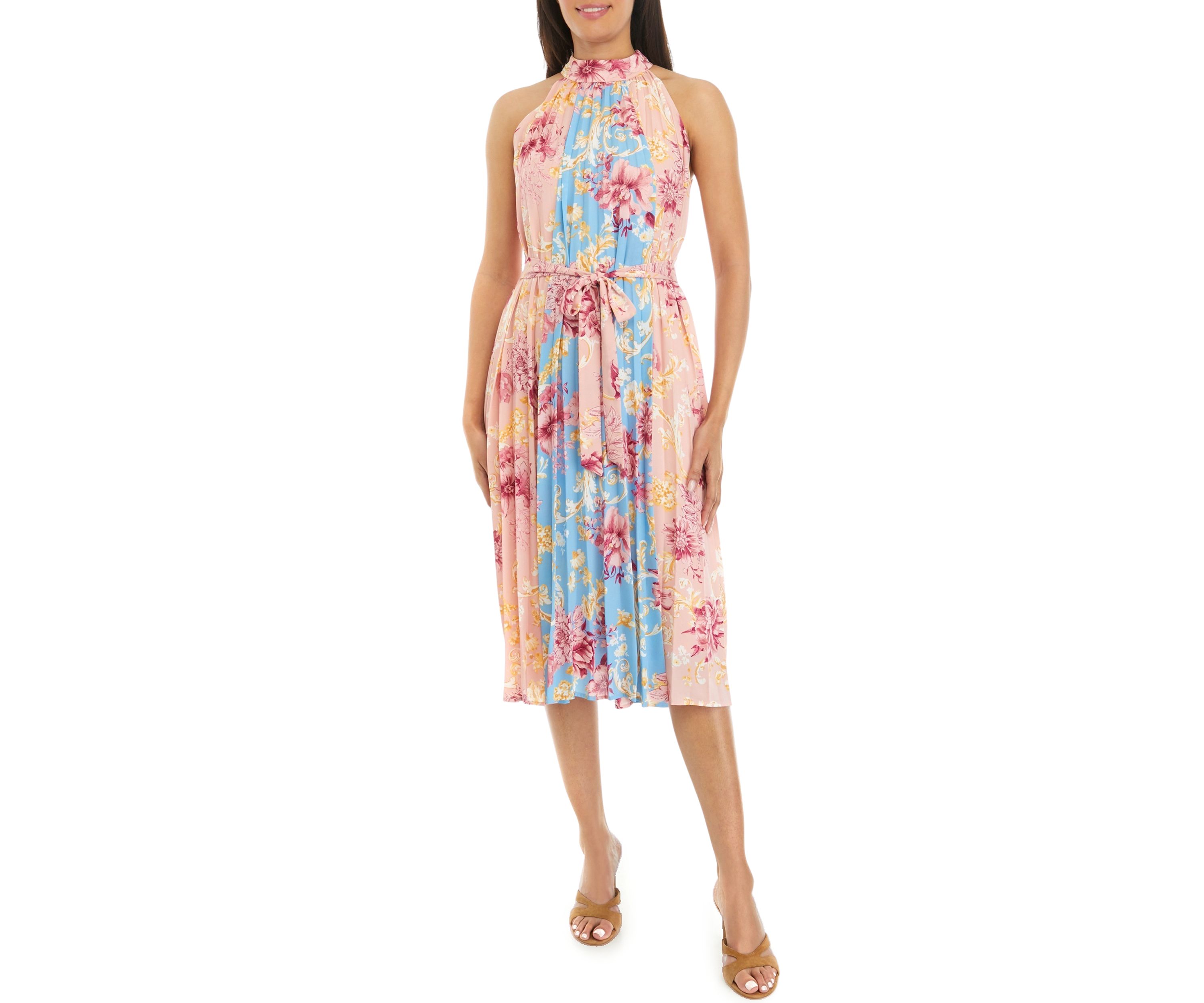 Womens Pleated Mix Print Halter Dress