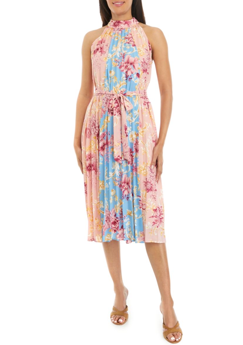 Womens Pleated Mix Print Halter Dress