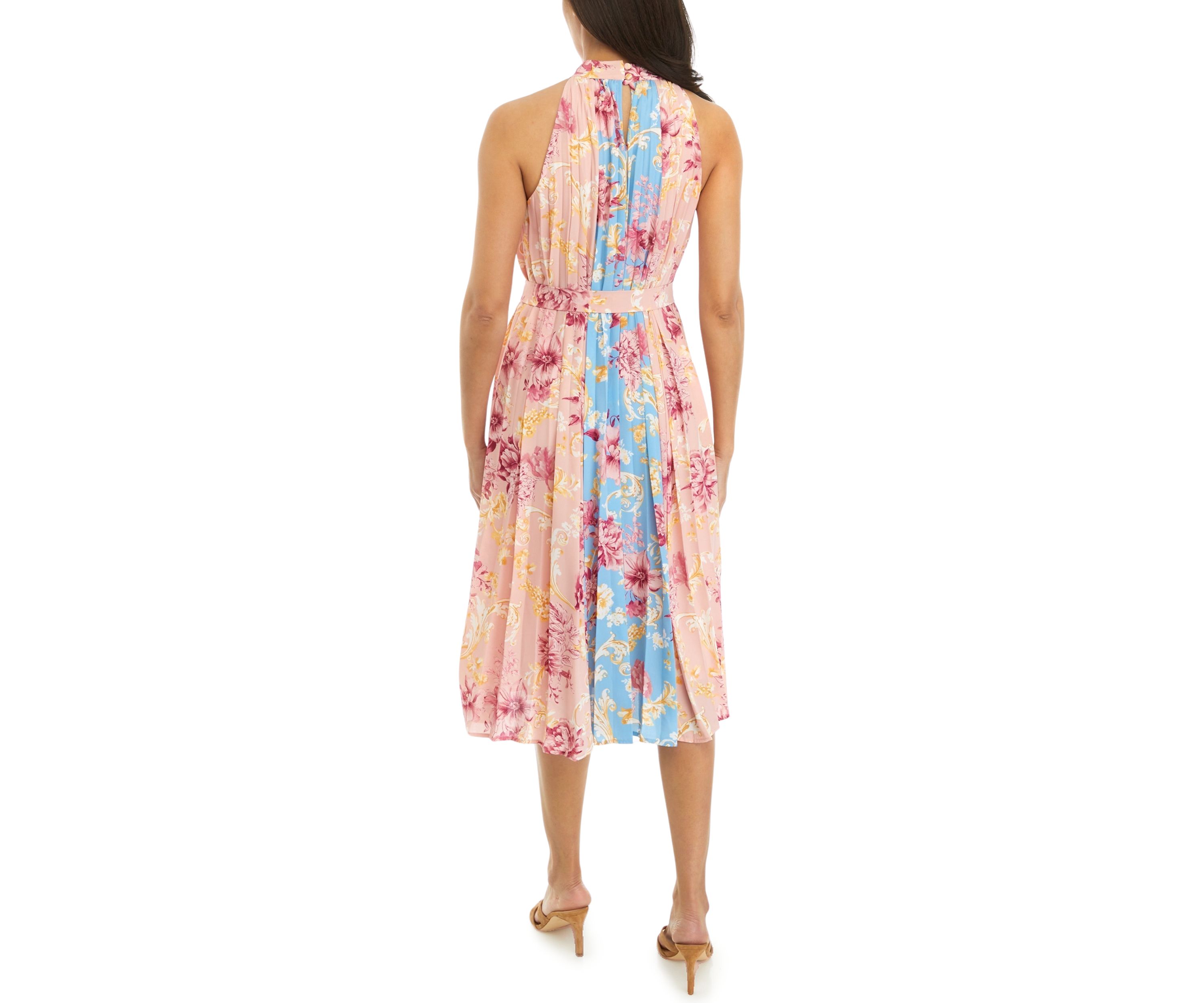 Womens Pleated Mix Print Halter Dress