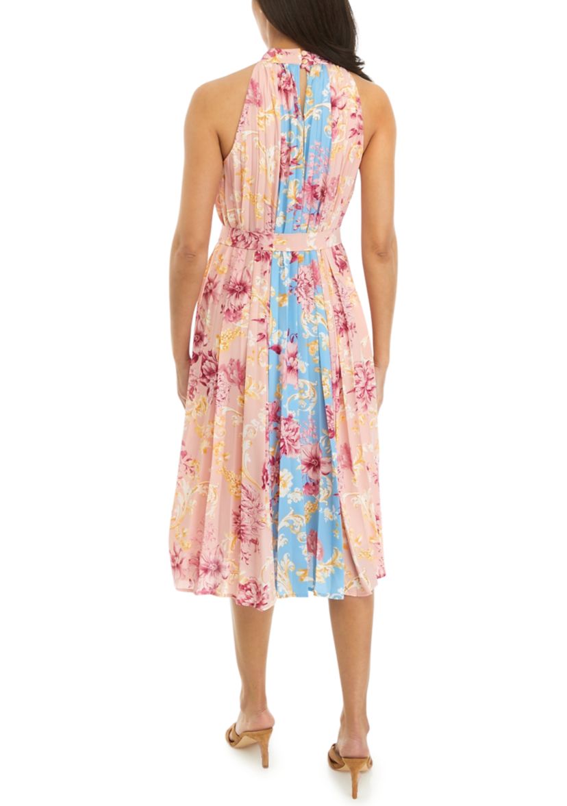 Womens Pleated Mix Print Halter Dress