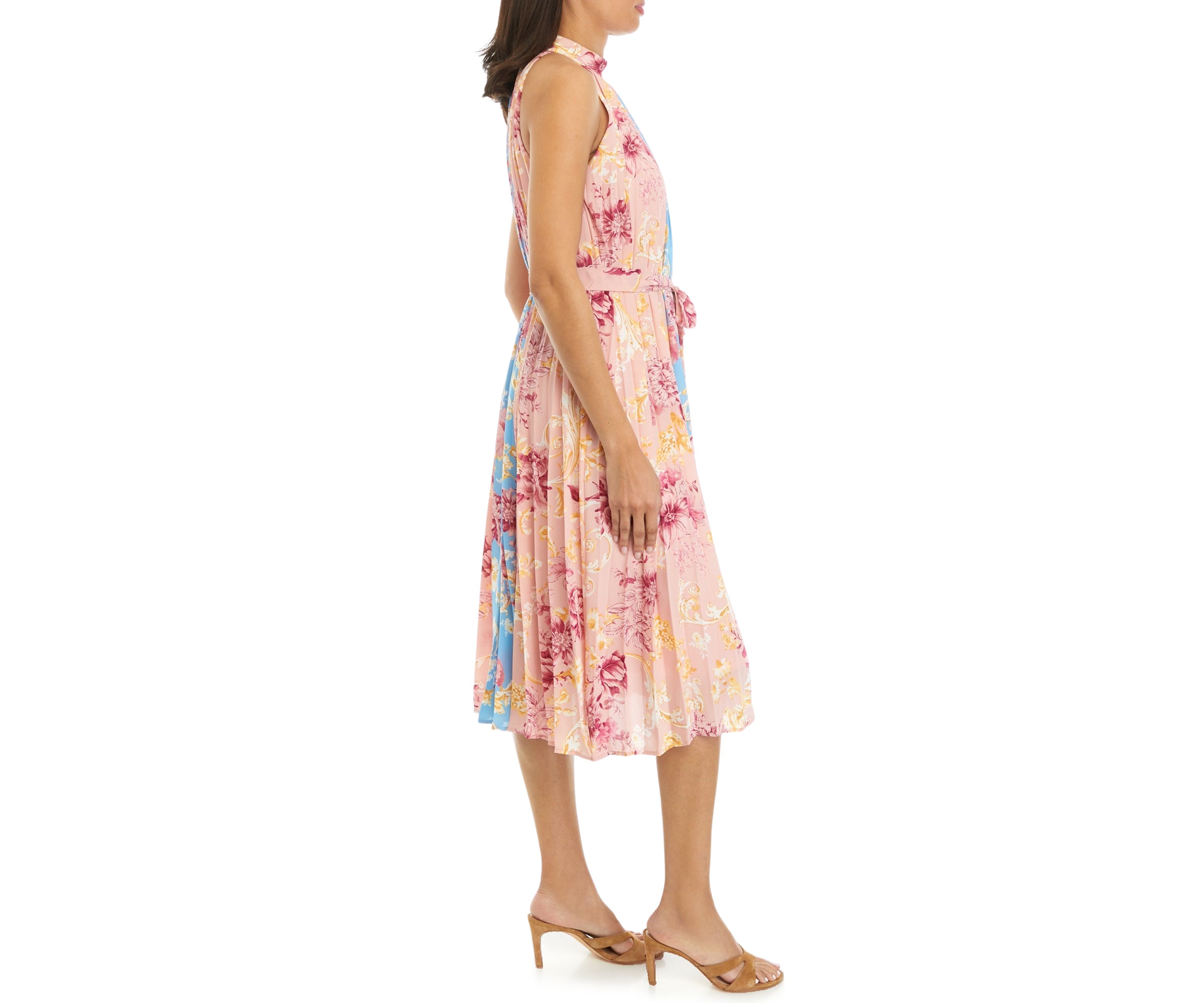 Womens Pleated Mix Print Halter Dress