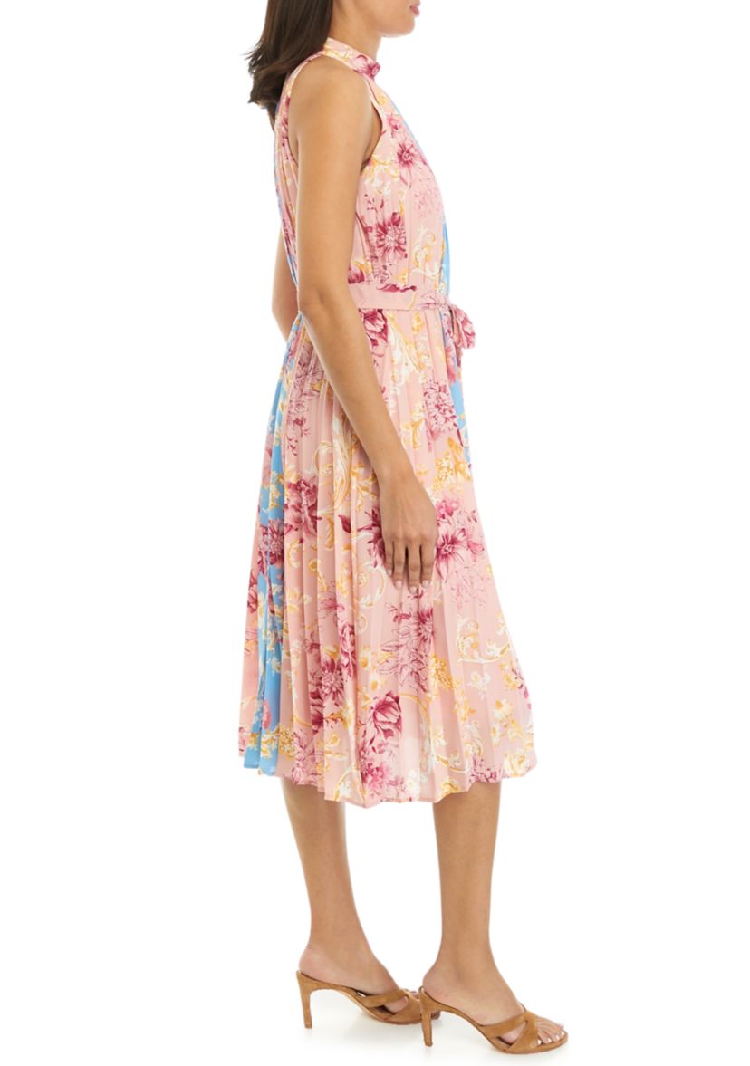 Womens Pleated Mix Print Halter Dress