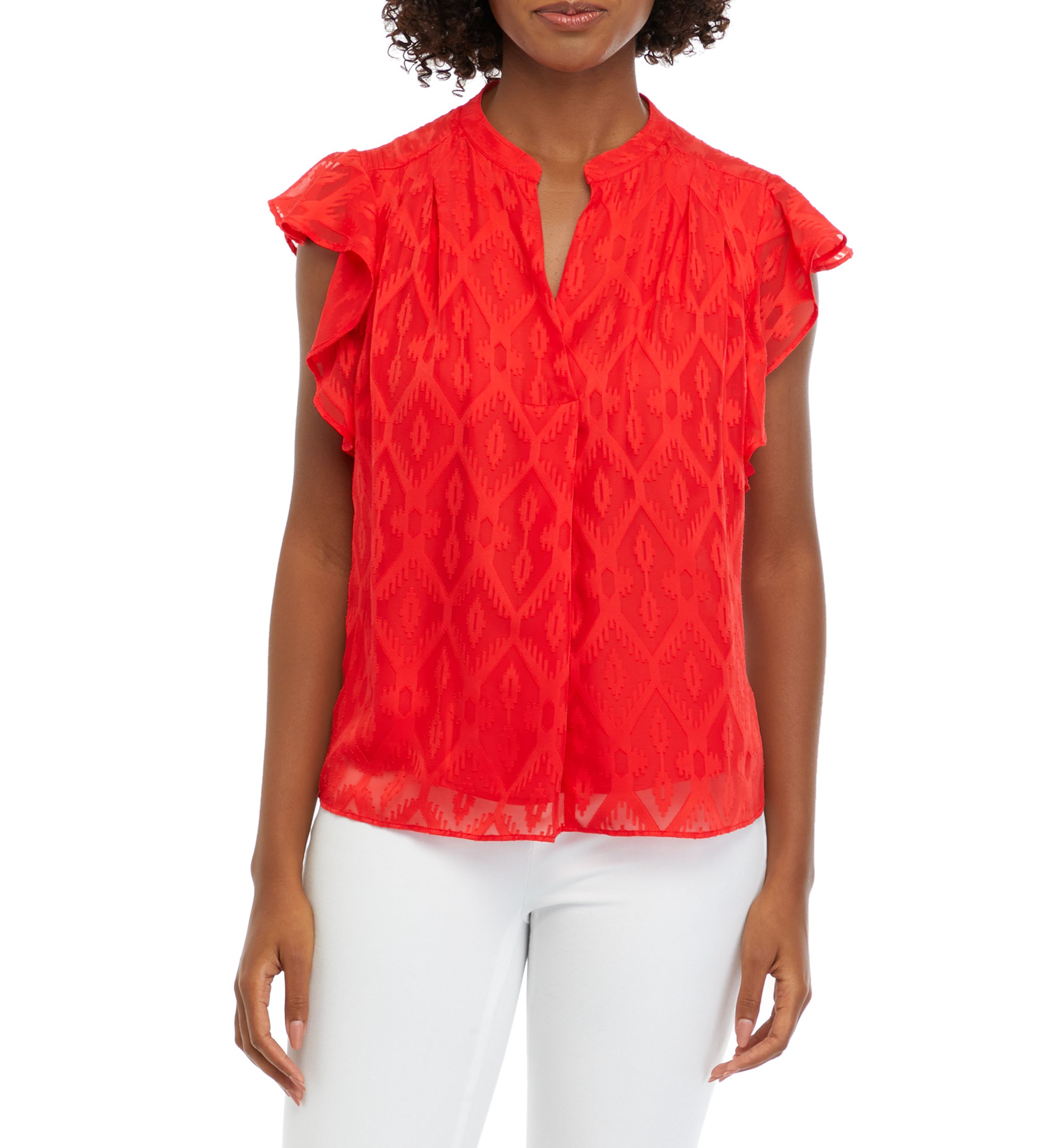 Petite Split Neck Flutter Sleeve Top