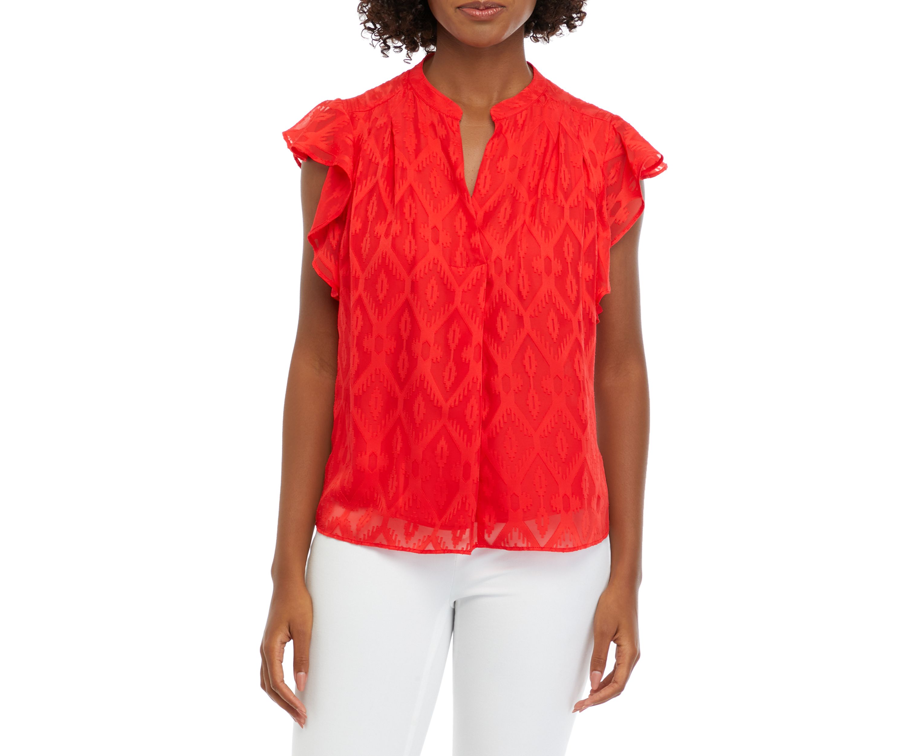 Petite Split Neck Flutter Sleeve Top