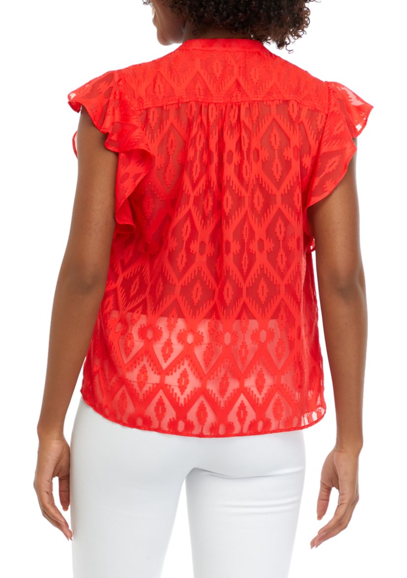 Petite Split Neck Flutter Sleeve Top
