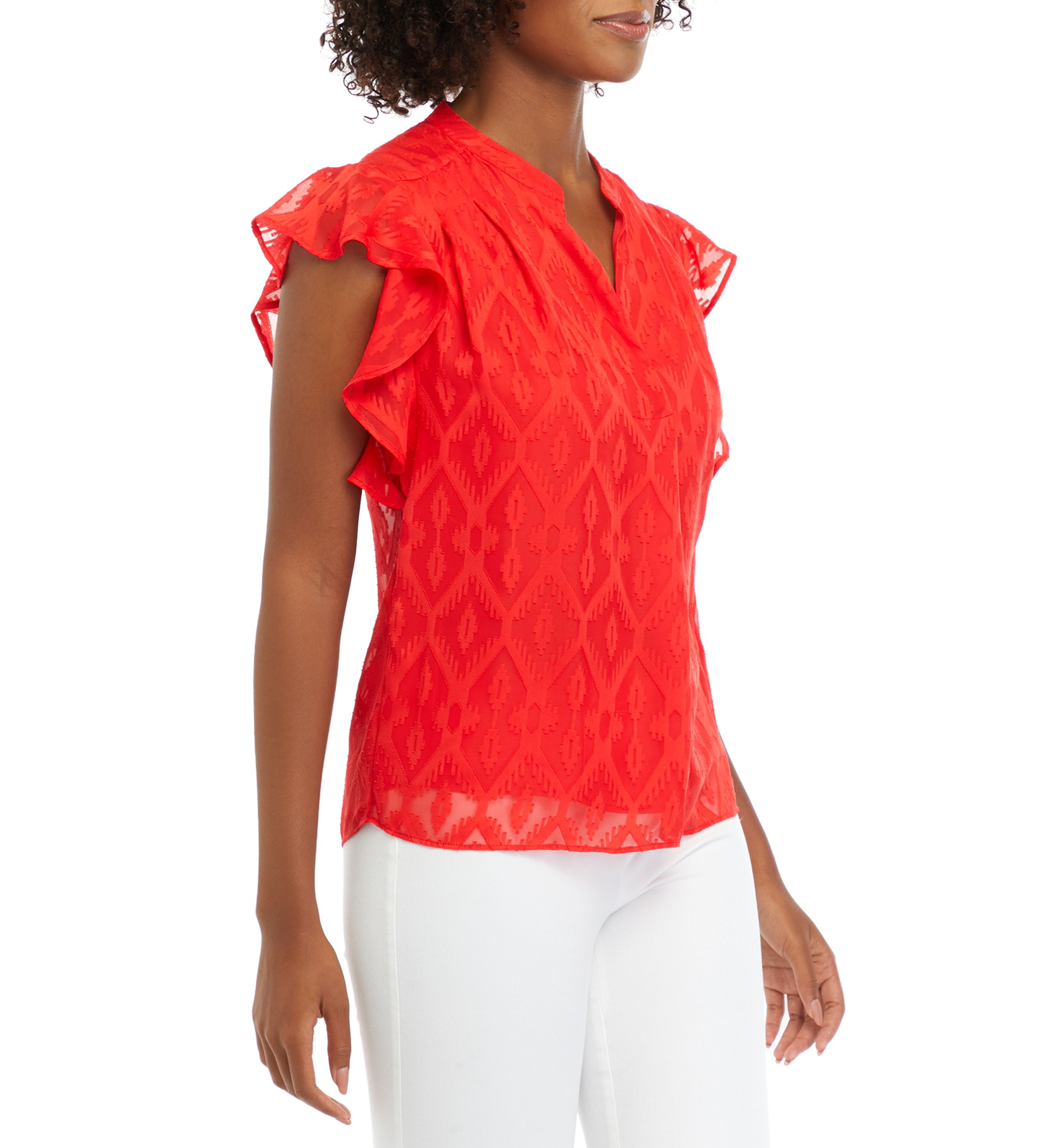 Petite Split Neck Flutter Sleeve Top