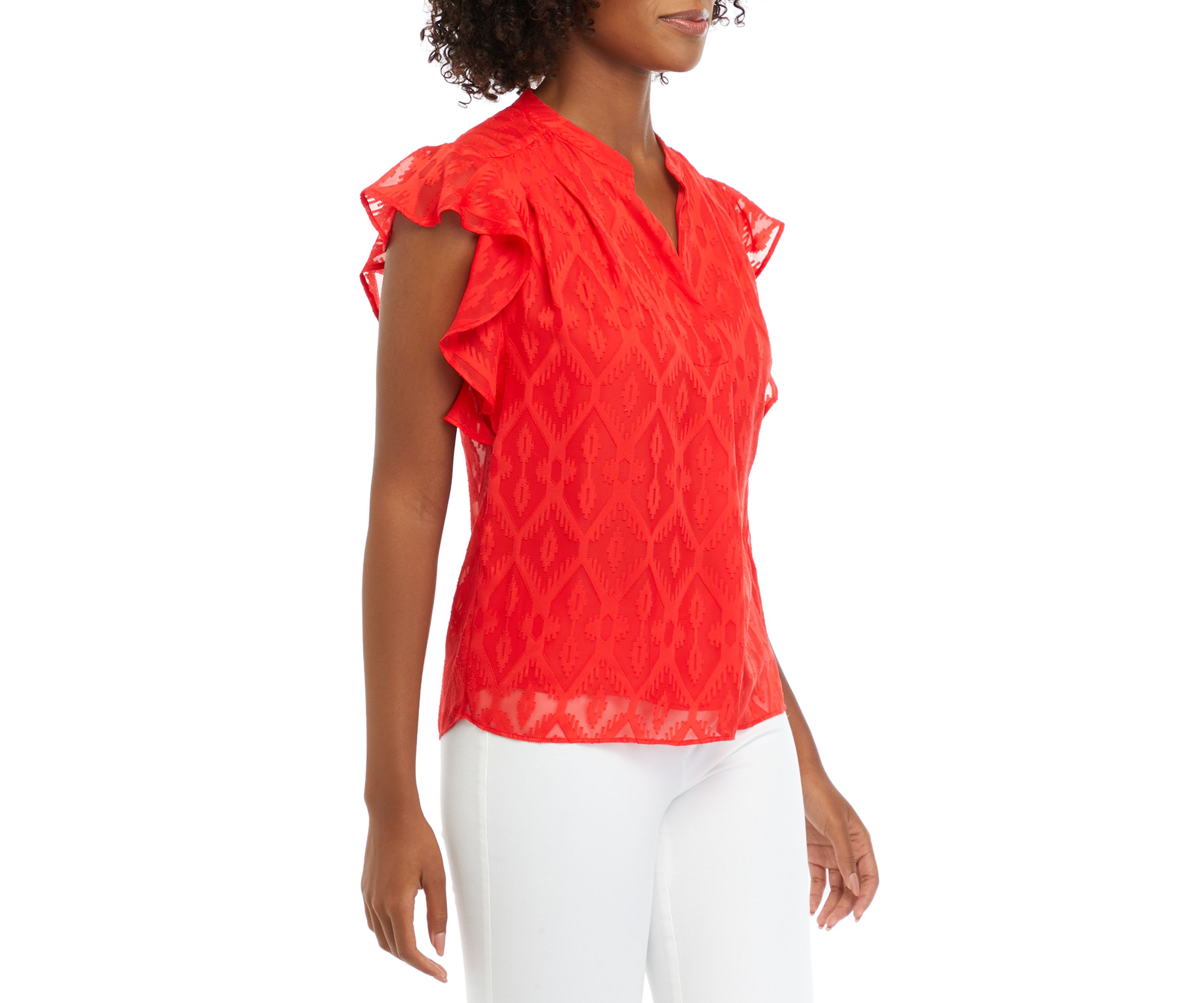 Petite Split Neck Flutter Sleeve Top