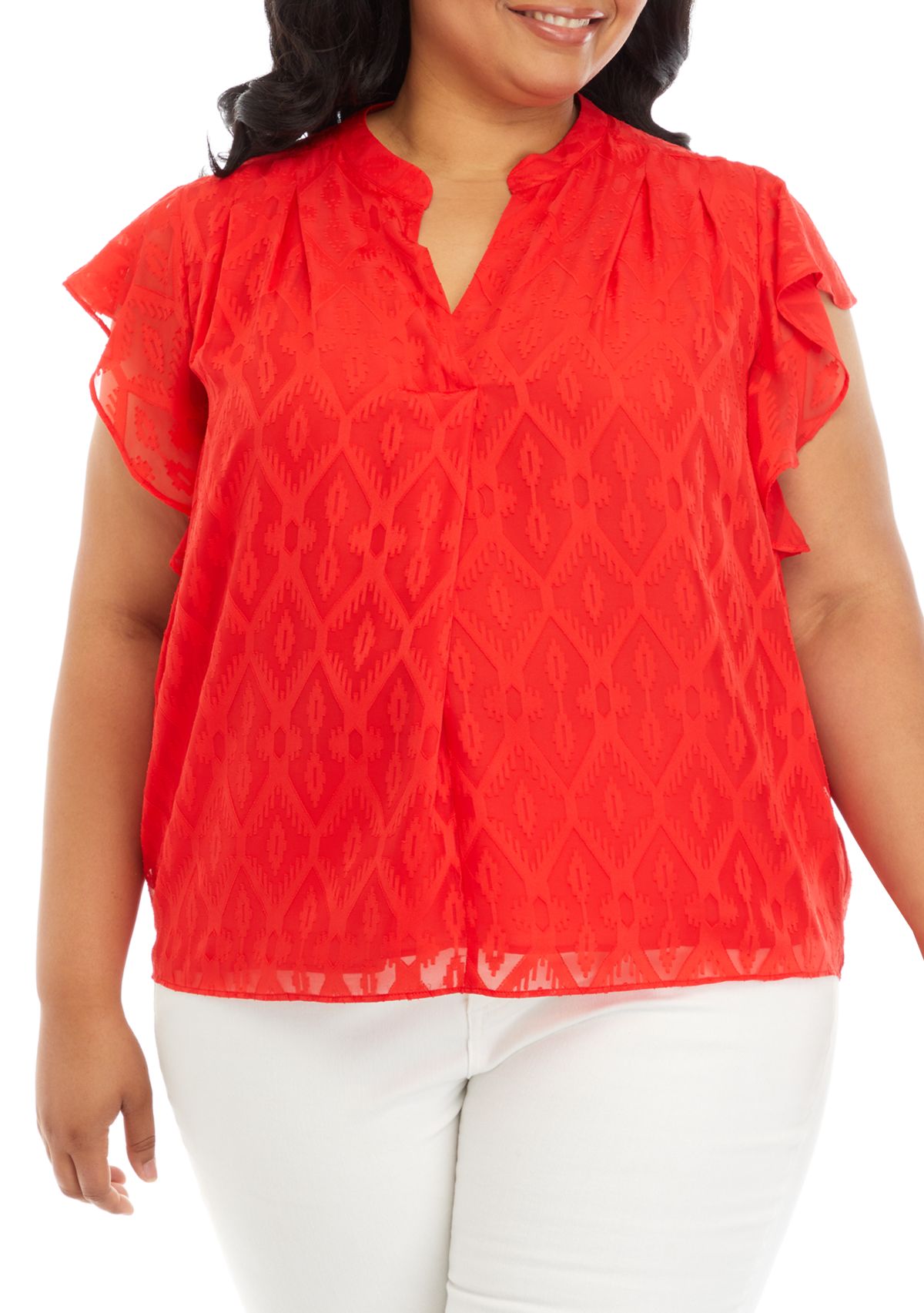 Plus Size Split Neck Flutter Sleeve Blouse