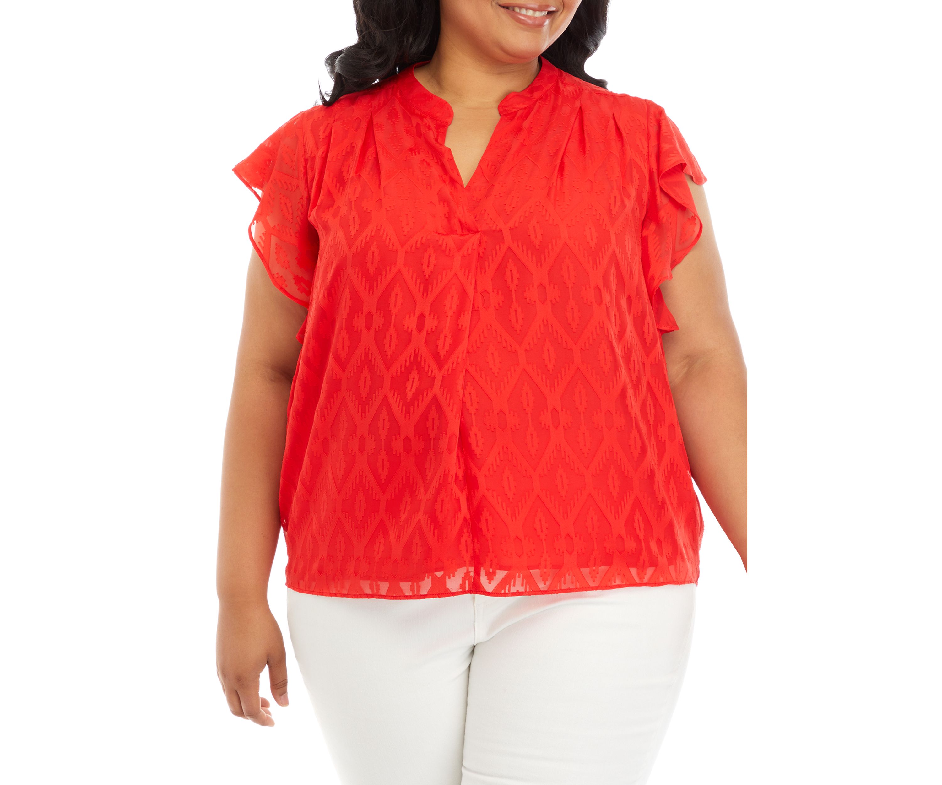 Plus Size Split Neck Flutter Sleeve Blouse