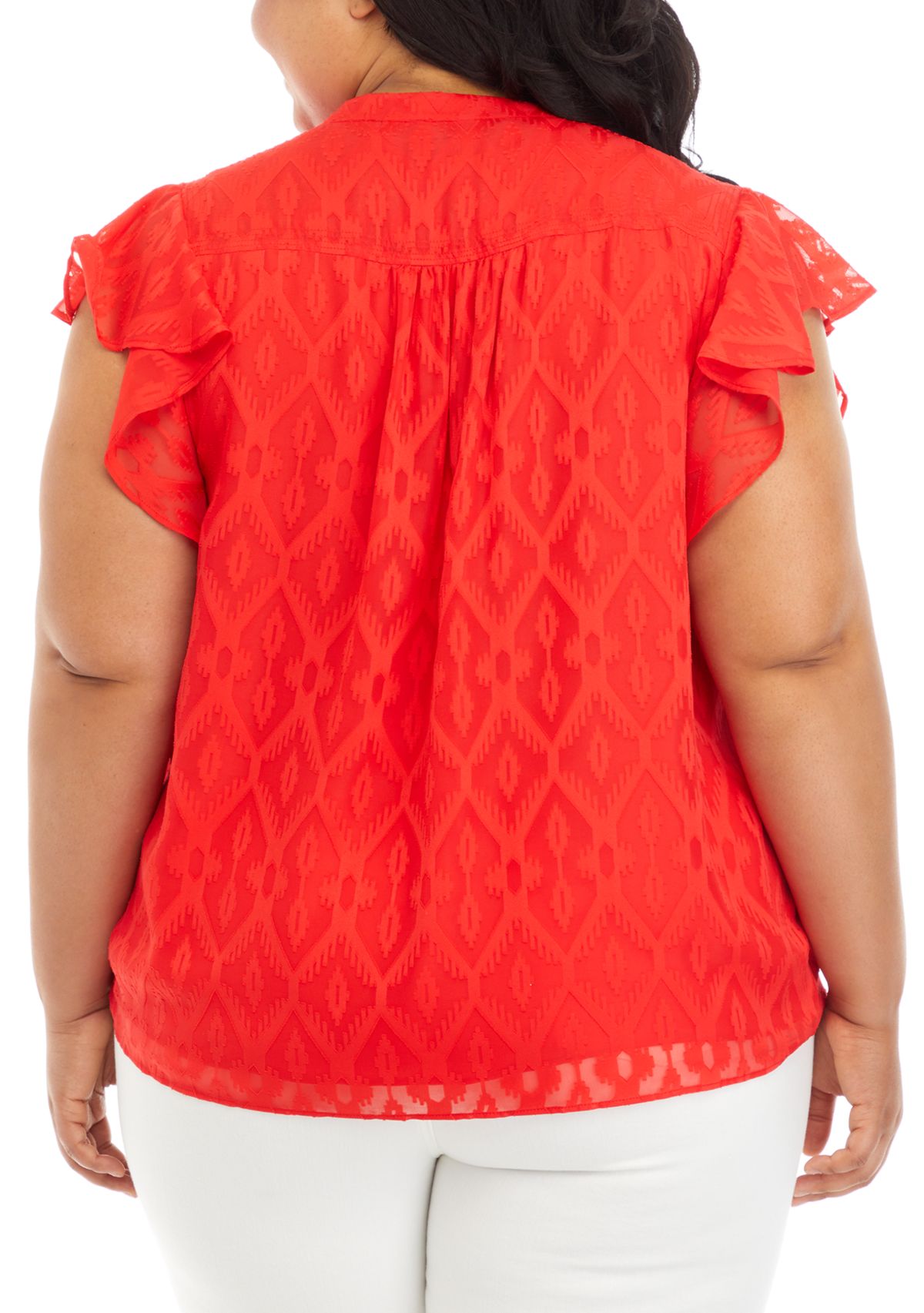 Plus Size Split Neck Flutter Sleeve Blouse