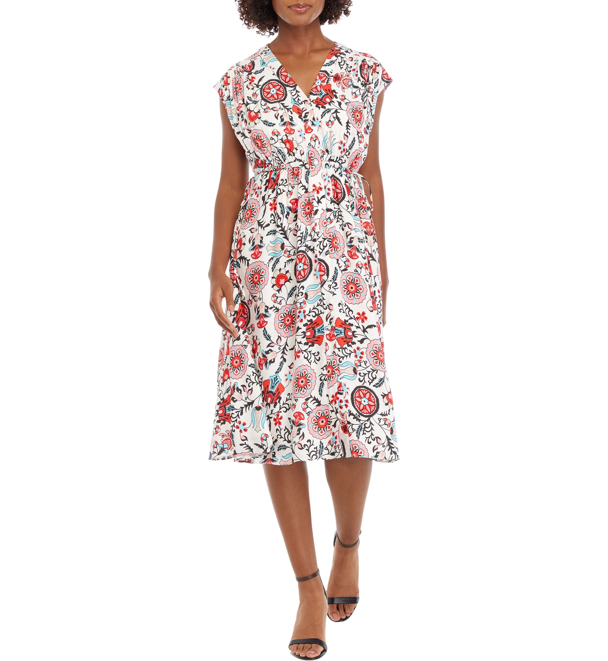 Petite V-Neck Printed Button Down Dress